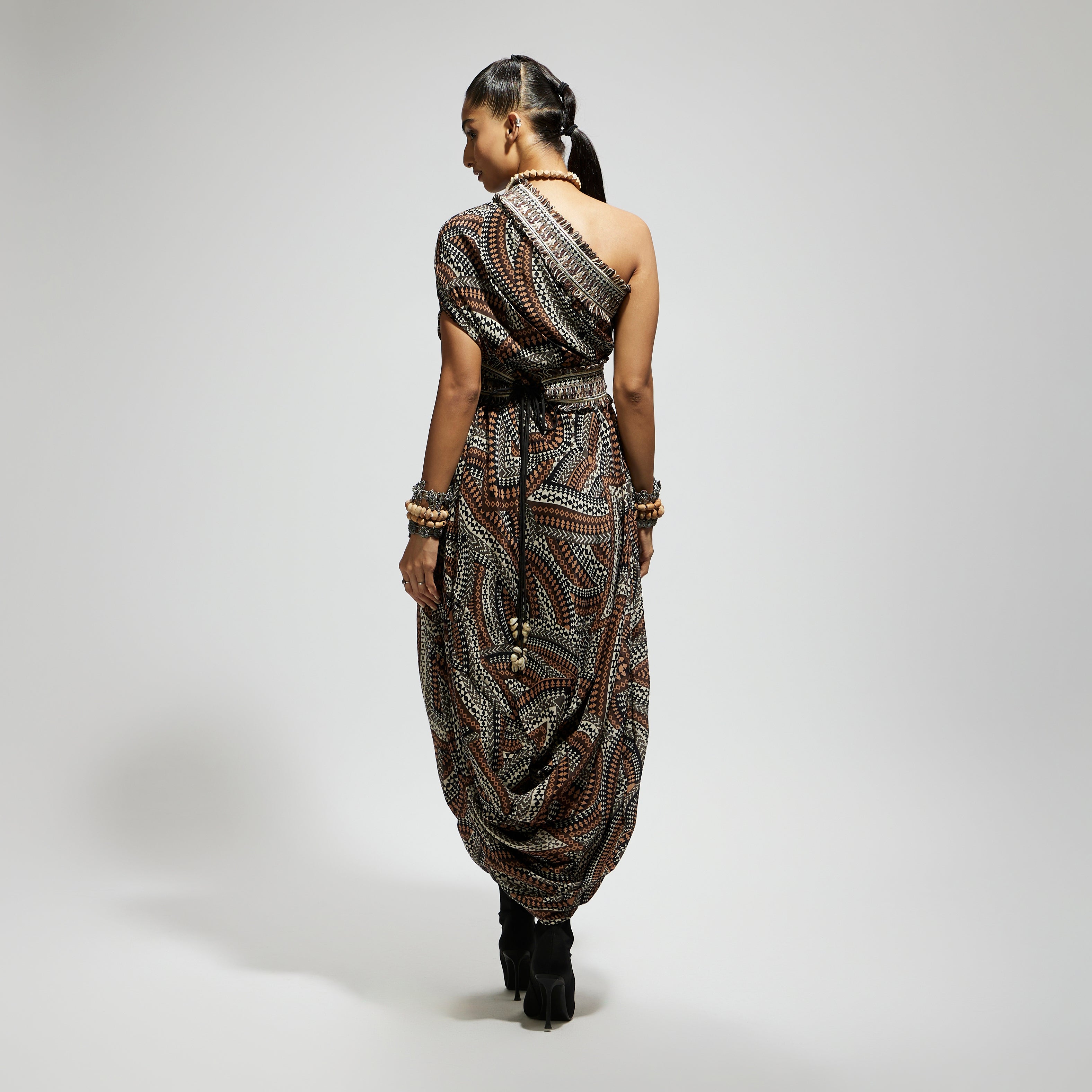 SAMSARA: ZENTANGLE PRINTED ONE SHOULDER COWL DRESS TEAMED WITH A BELT