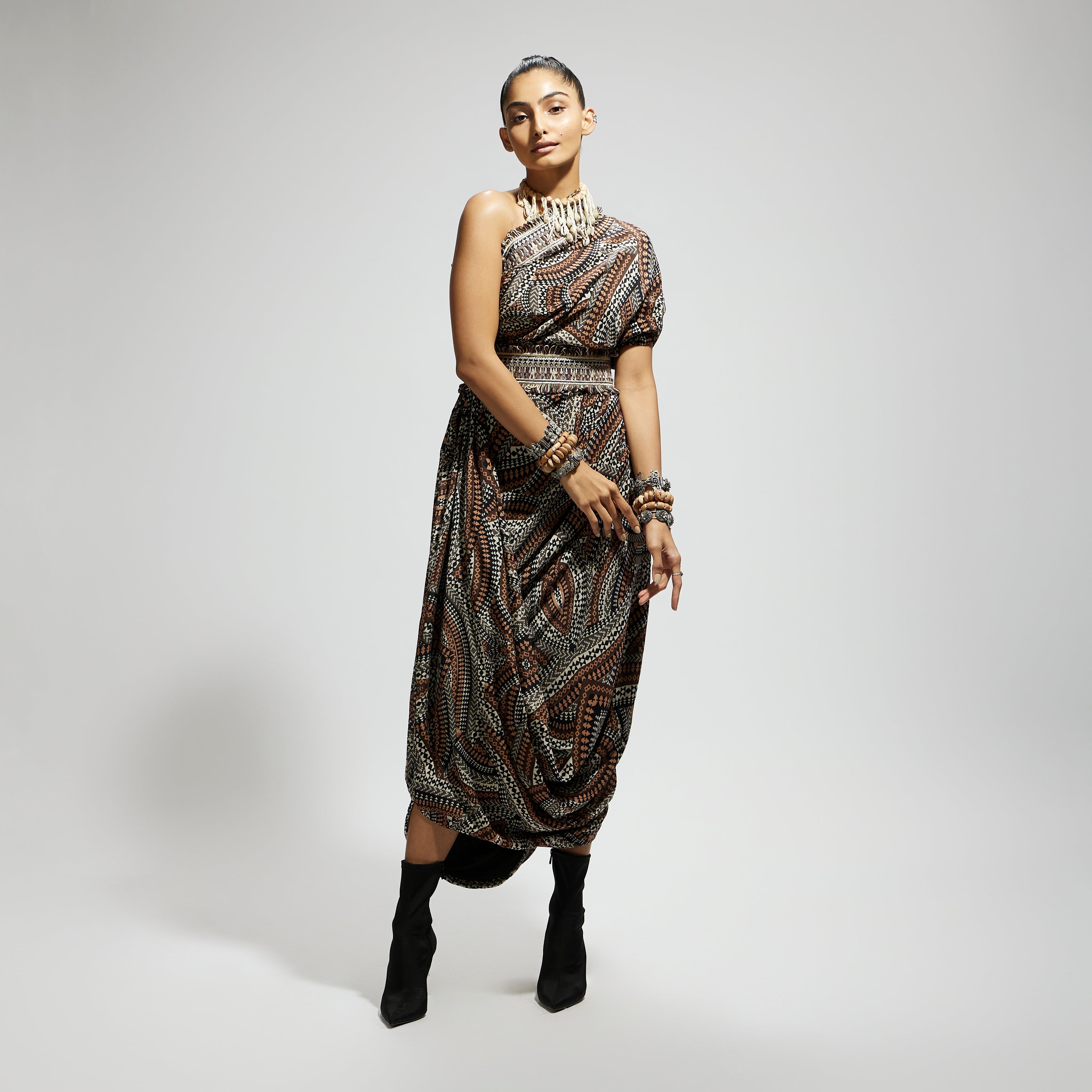 SAMSARA: ZENTANGLE PRINTED ONE SHOULDER COWL DRESS TEAMED WITH A BELT