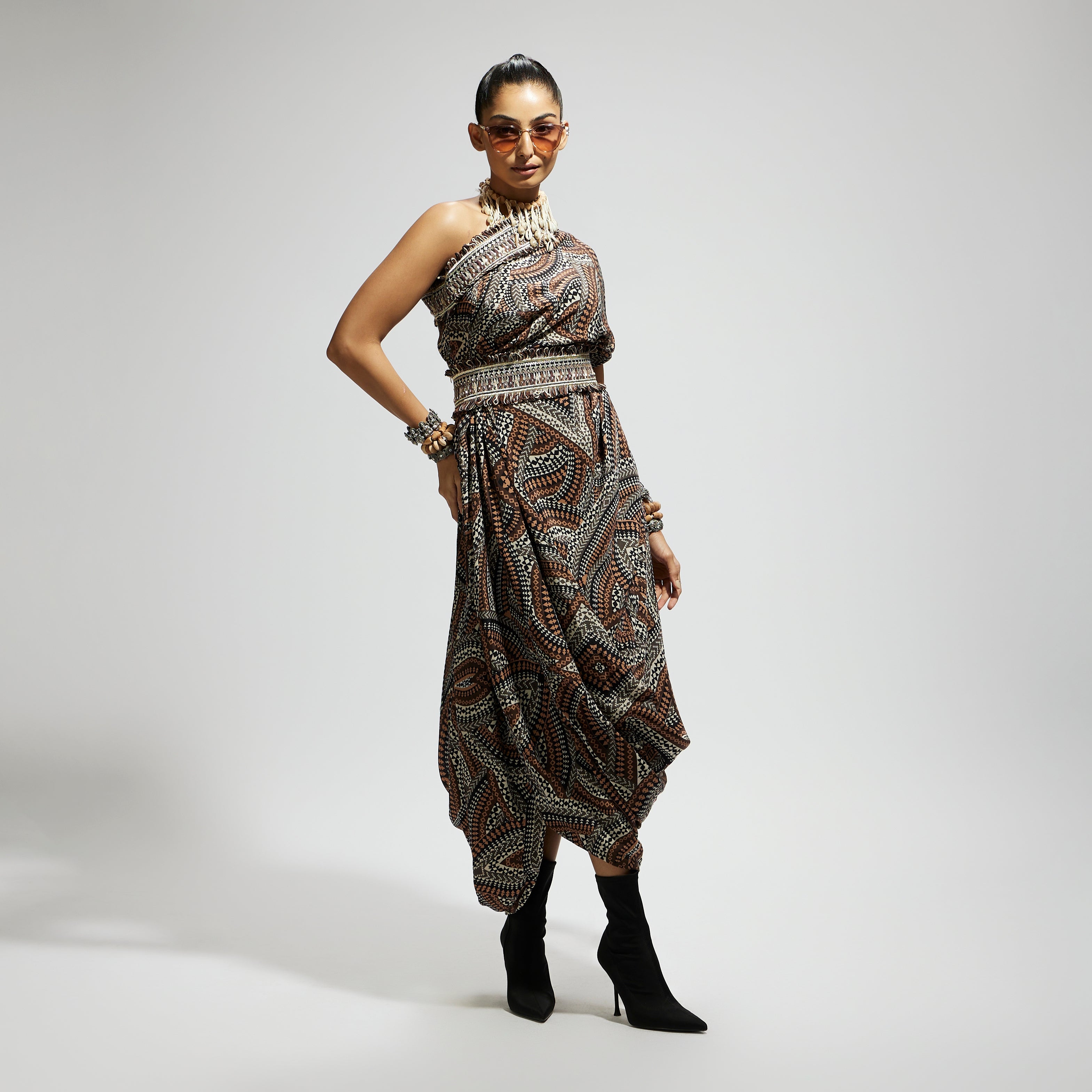 SAMSARA: ZENTANGLE PRINTED ONE SHOULDER COWL DRESS TEAMED WITH A BELT