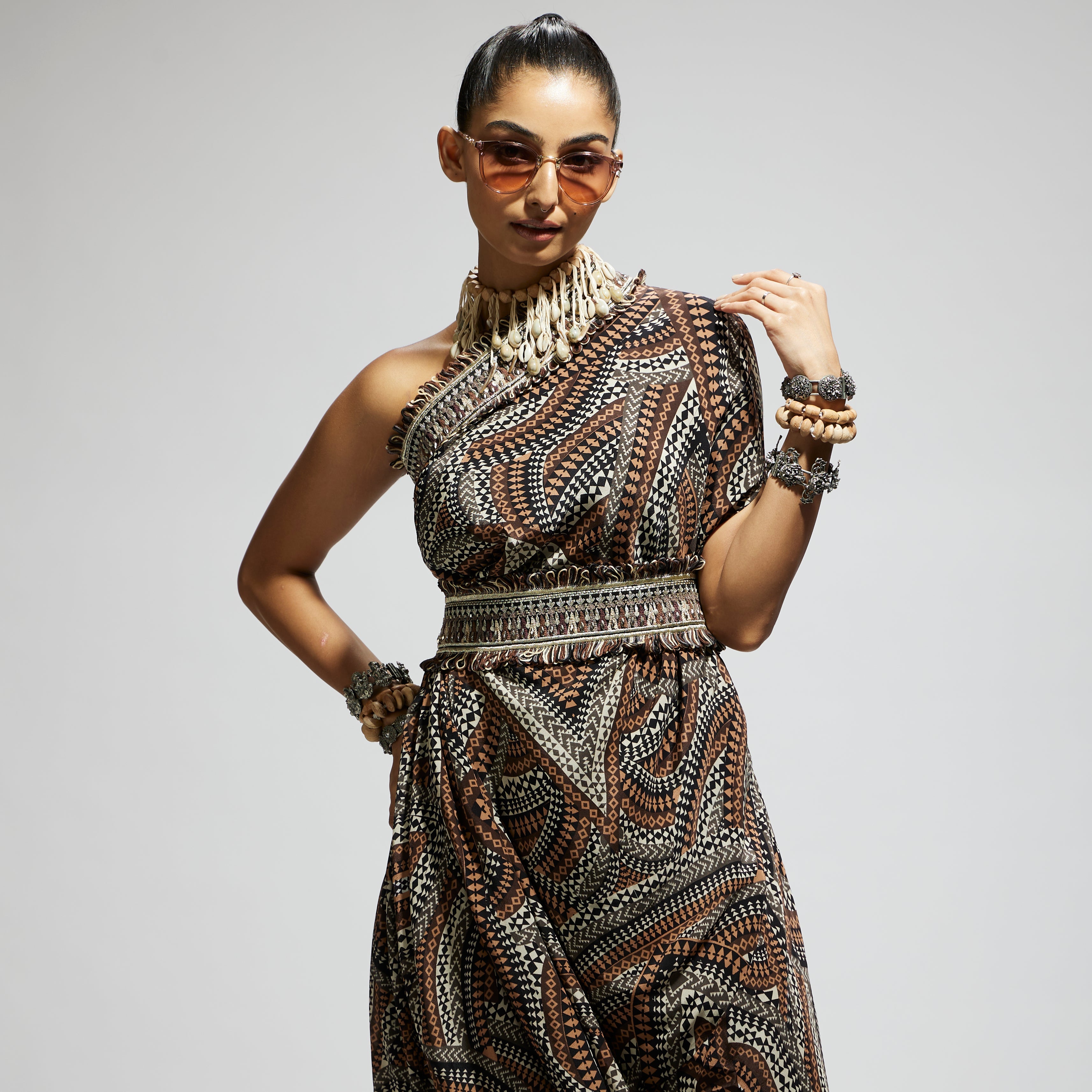 SAMSARA: ZENTANGLE PRINTED ONE SHOULDER COWL DRESS TEAMED WITH A BELT