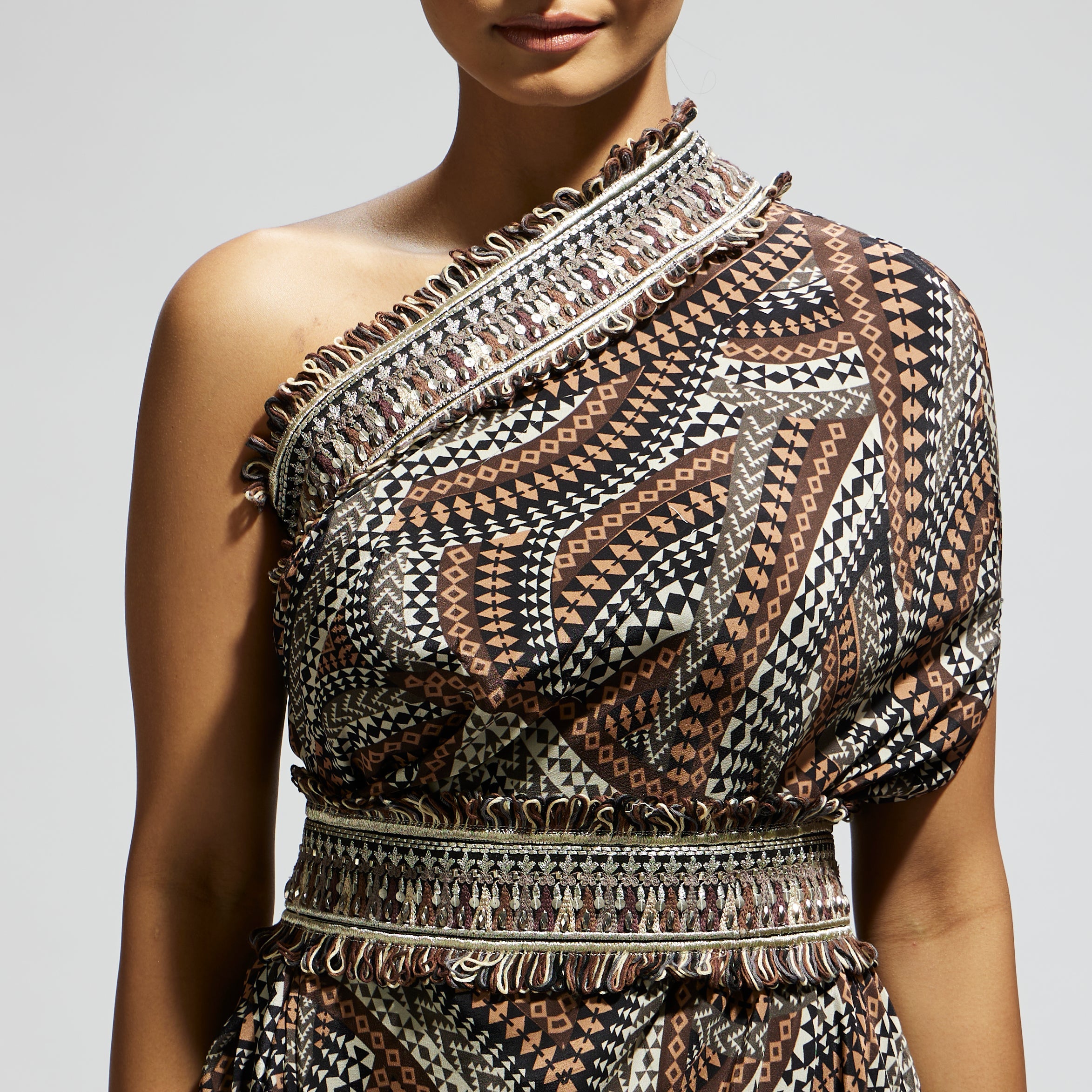 SAMSARA: ZENTANGLE PRINTED ONE SHOULDER COWL DRESS TEAMED WITH A BELT