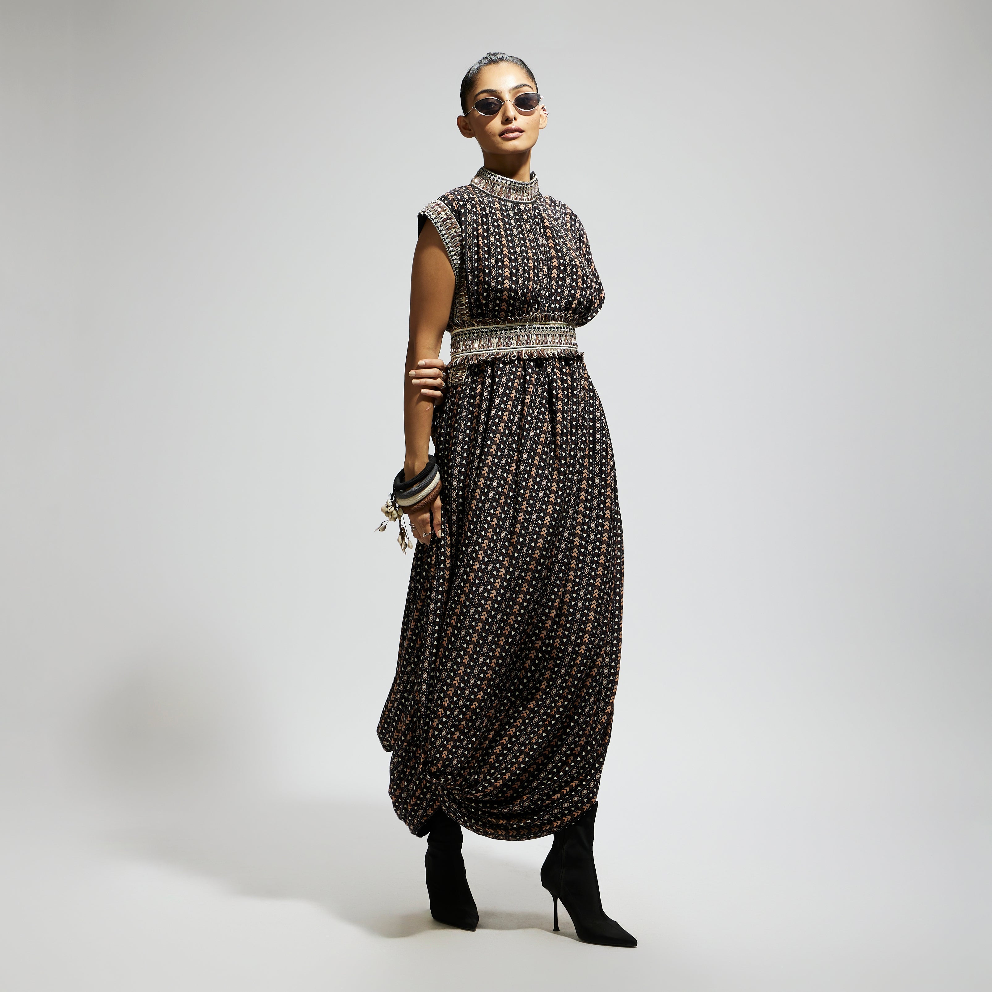 BLACK BOHO PRINT STRIPE PRINT COWL DRESS TEAMED WITH A BELT