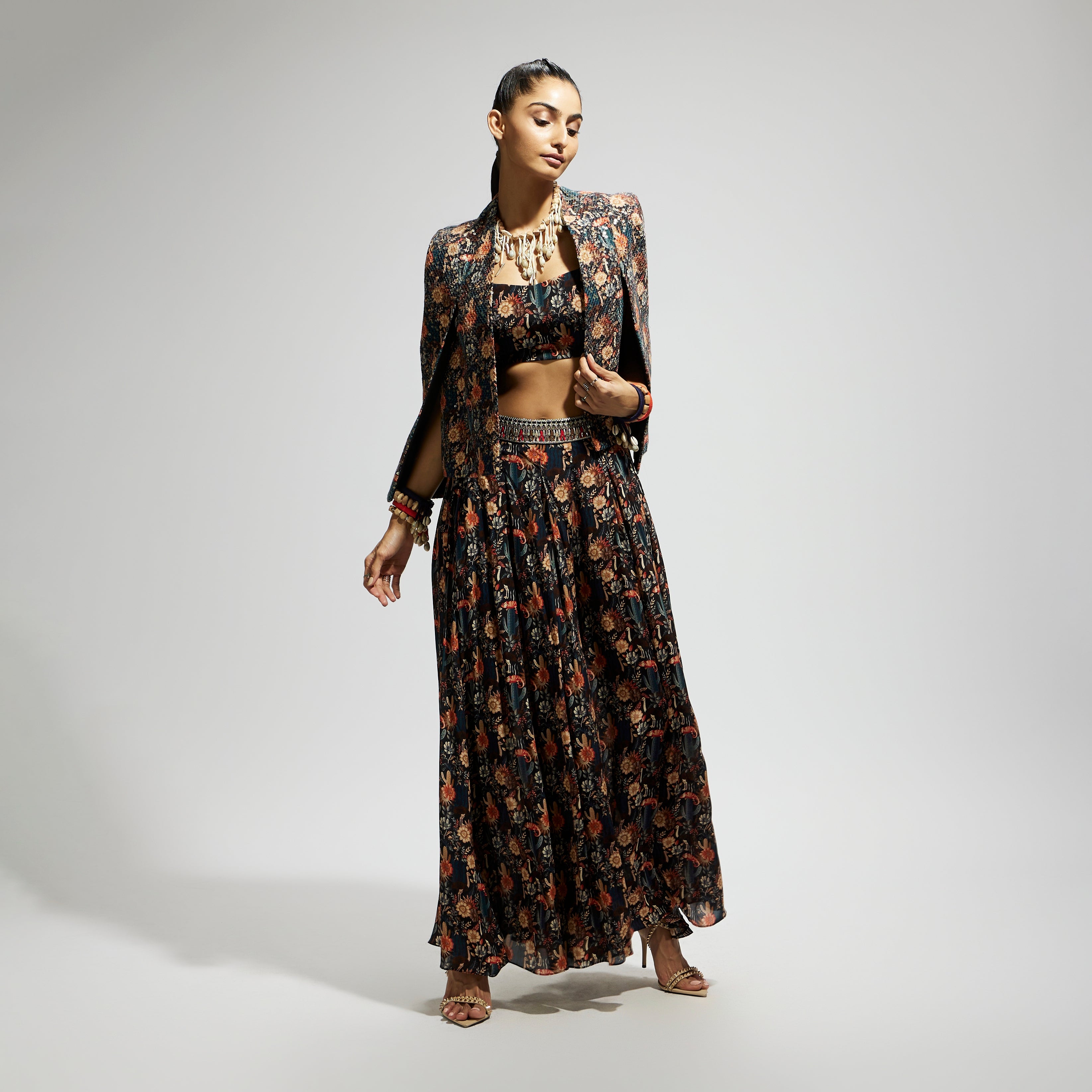 SAMSARA: BLACK JAAL EMBELLISHED CAPE JACKET SET