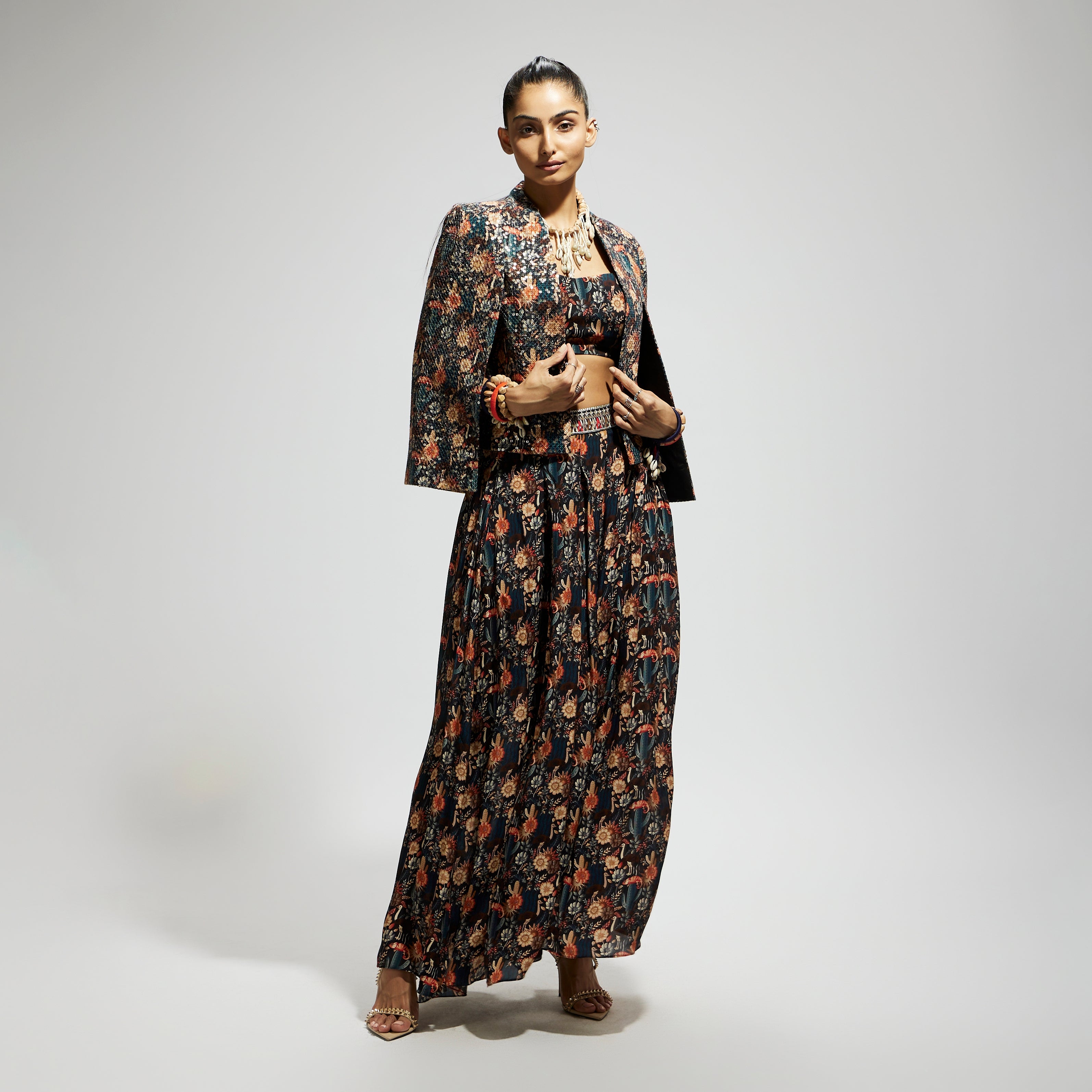 SAMSARA: BLACK JAAL EMBELLISHED CAPE JACKET SET