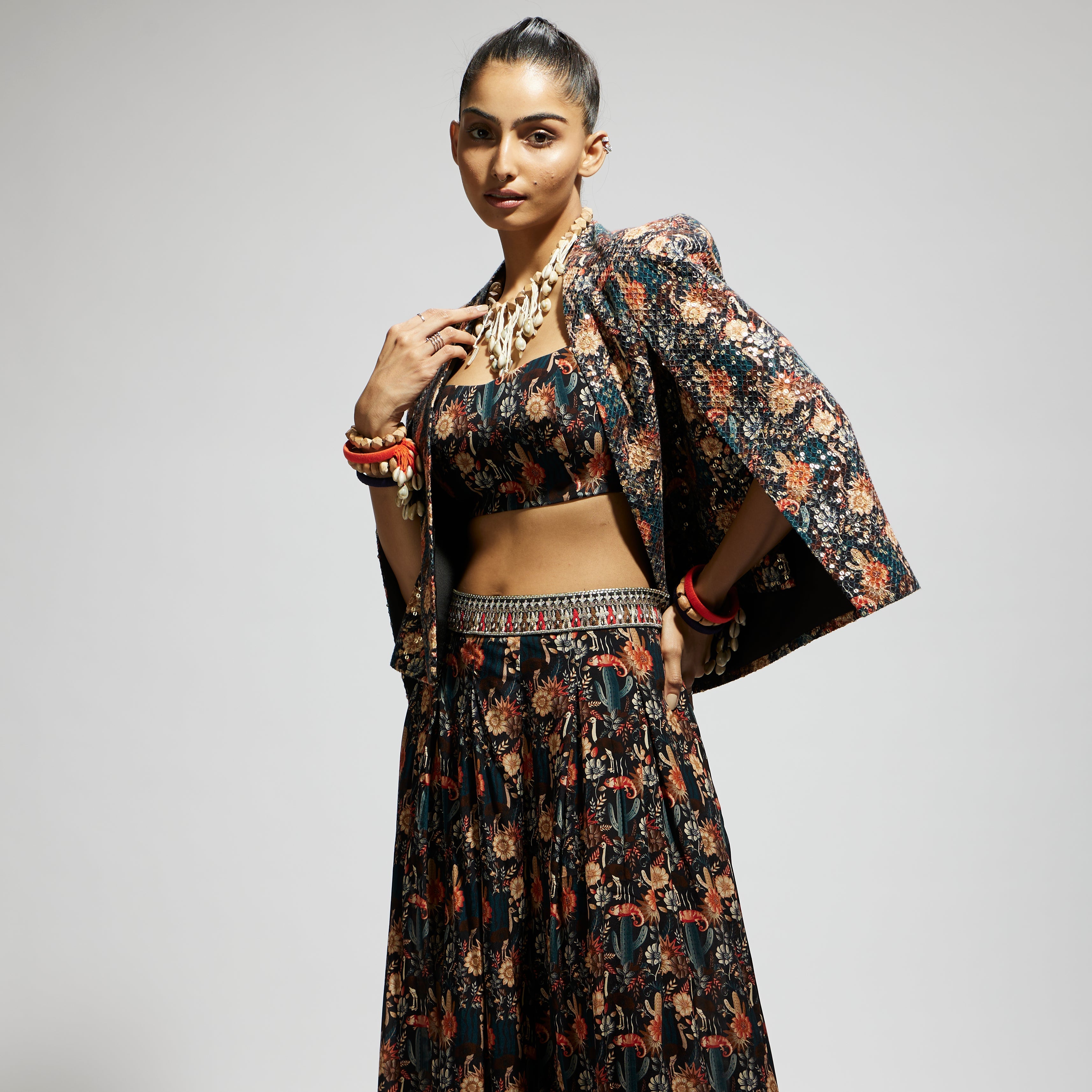 SAMSARA: BLACK JAAL EMBELLISHED CAPE JACKET SET