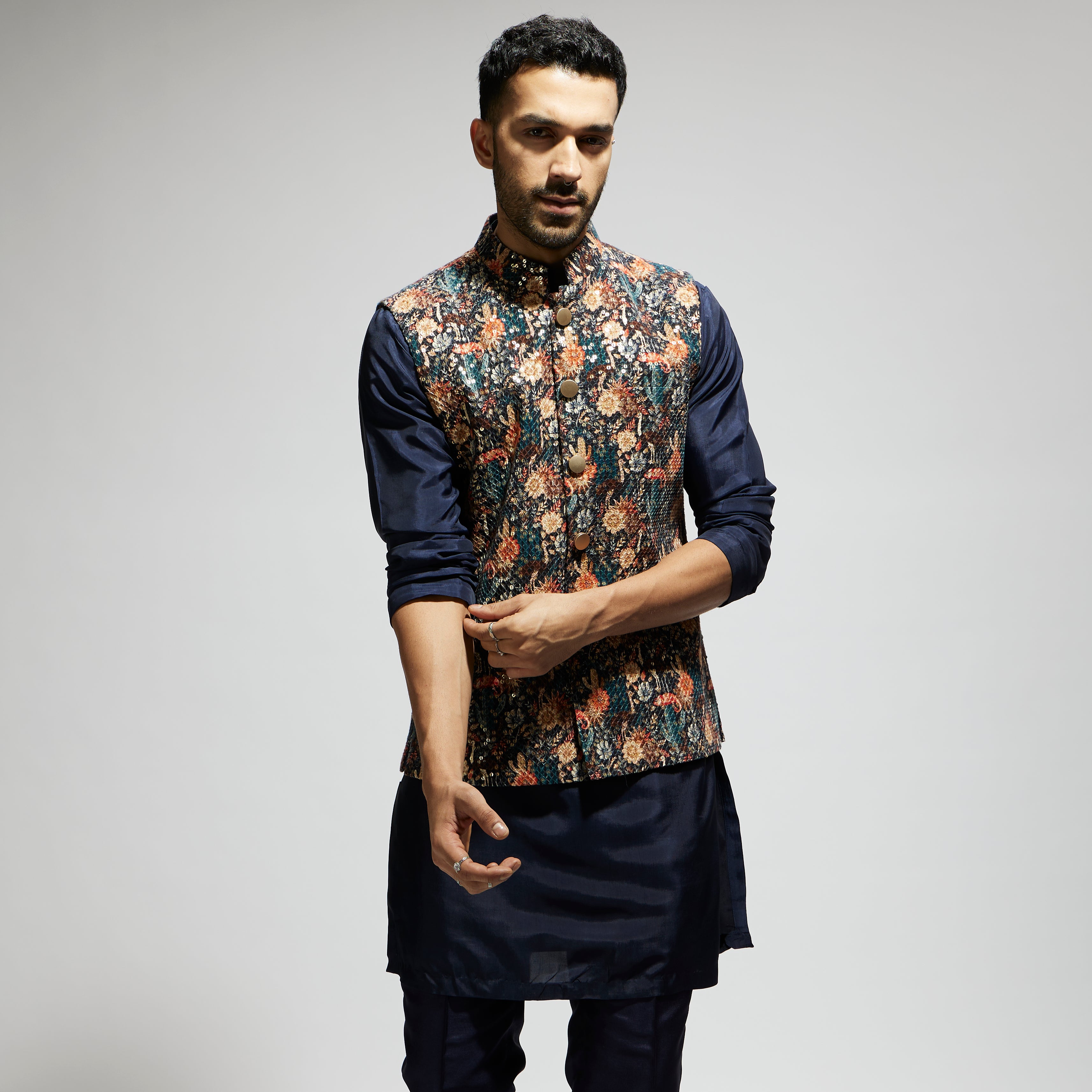 BLUE JAAL EMBELLISHED BUNDI PAIRED WITH SOLID BLUE KURTA AND PANTS