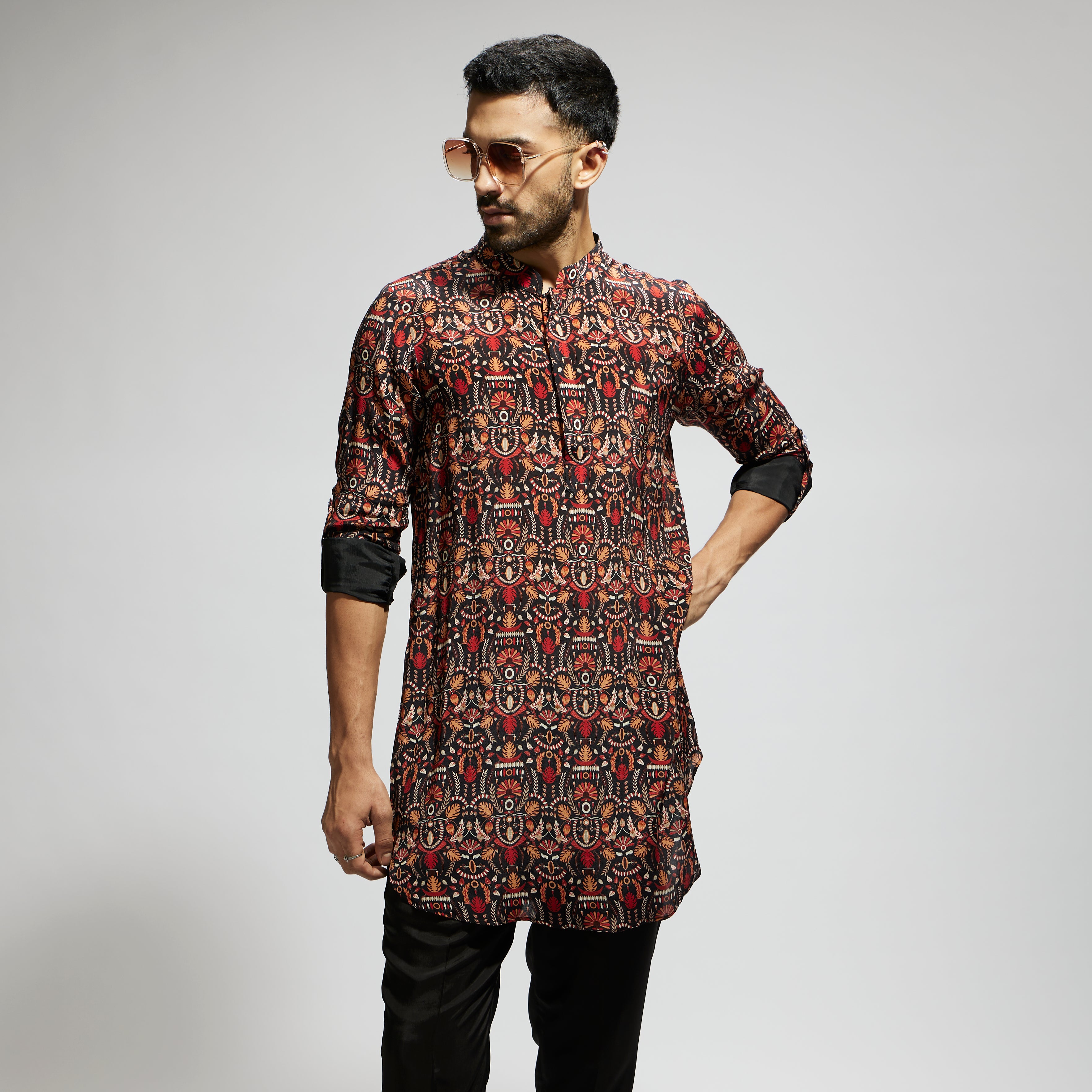 BLACK LEAF JAAL PRINT ROLLED UP SLEEVES KURTA