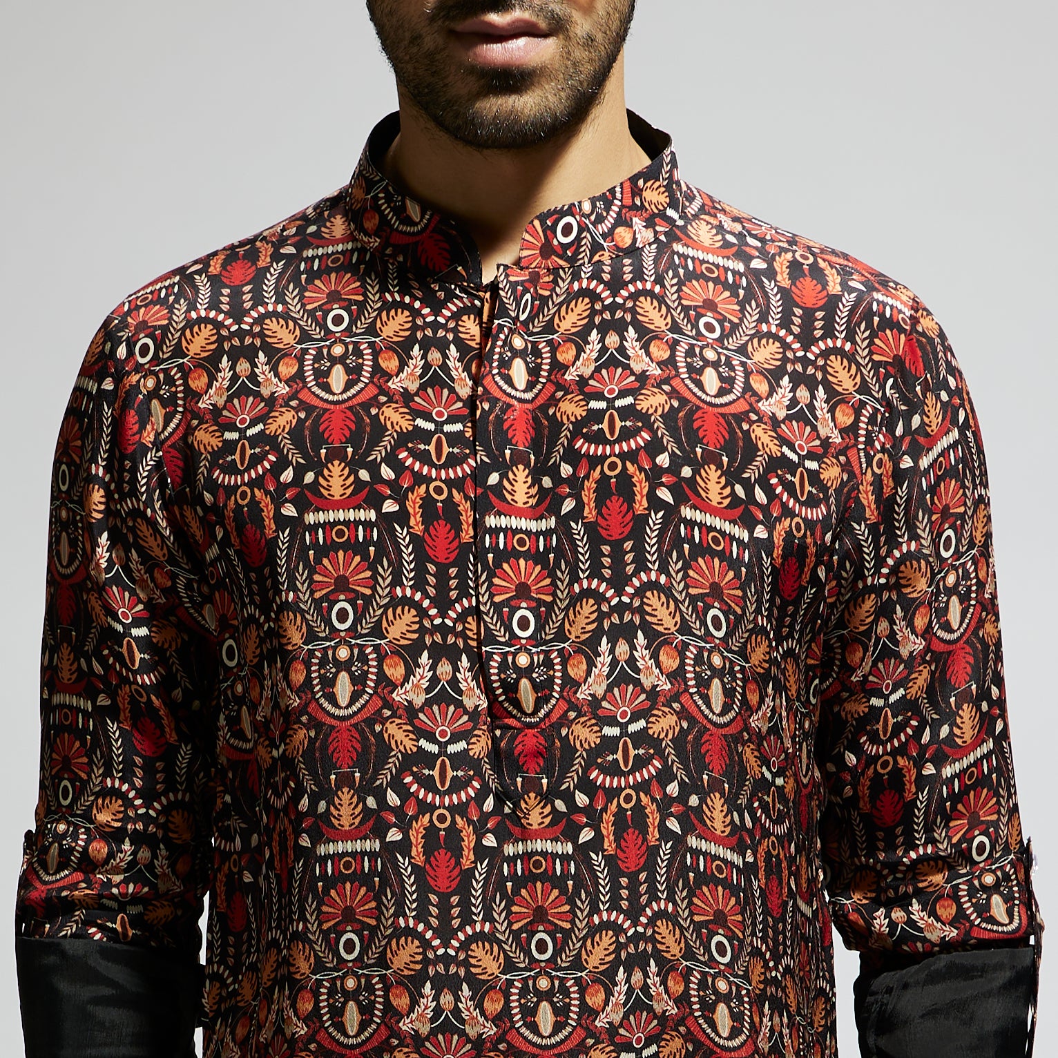 BLACK LEAF JAAL PRINT ROLLED UP SLEEVES KURTA