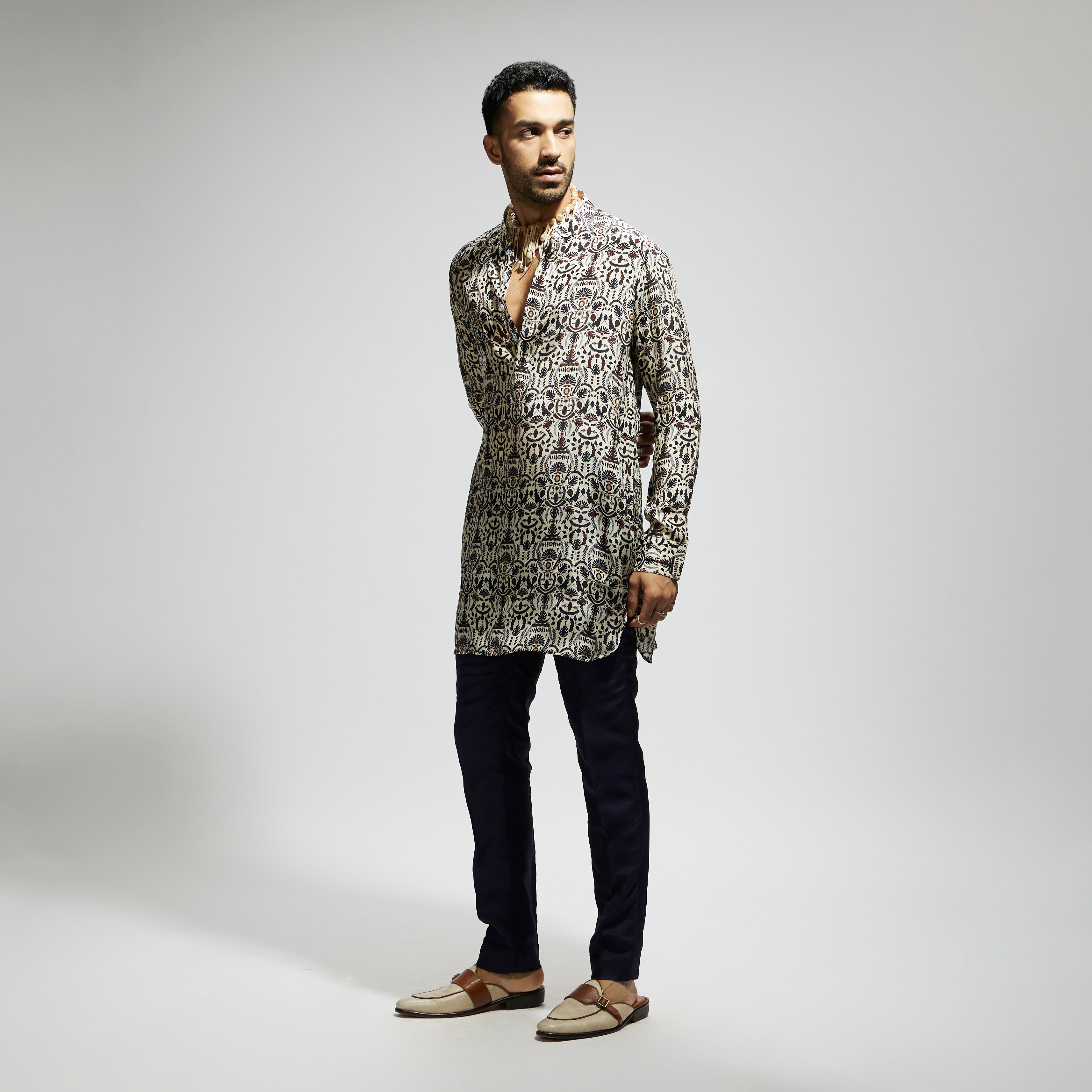 SAMSARA: WHITE LEAF JAAL PRINT ROLLED UP SLEEVES KURTA