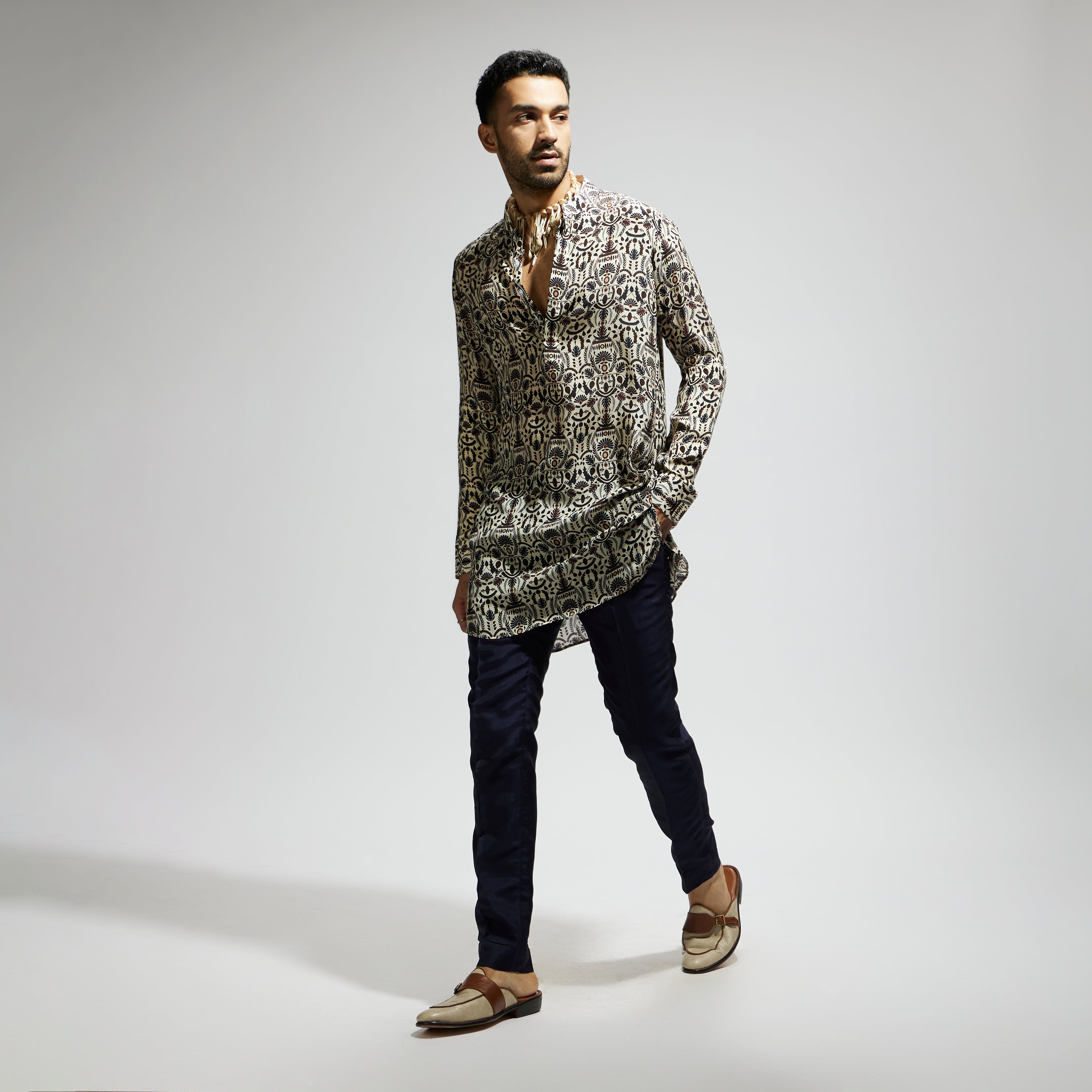 SAMSARA: WHITE LEAF JAAL PRINT ROLLED UP SLEEVES KURTA