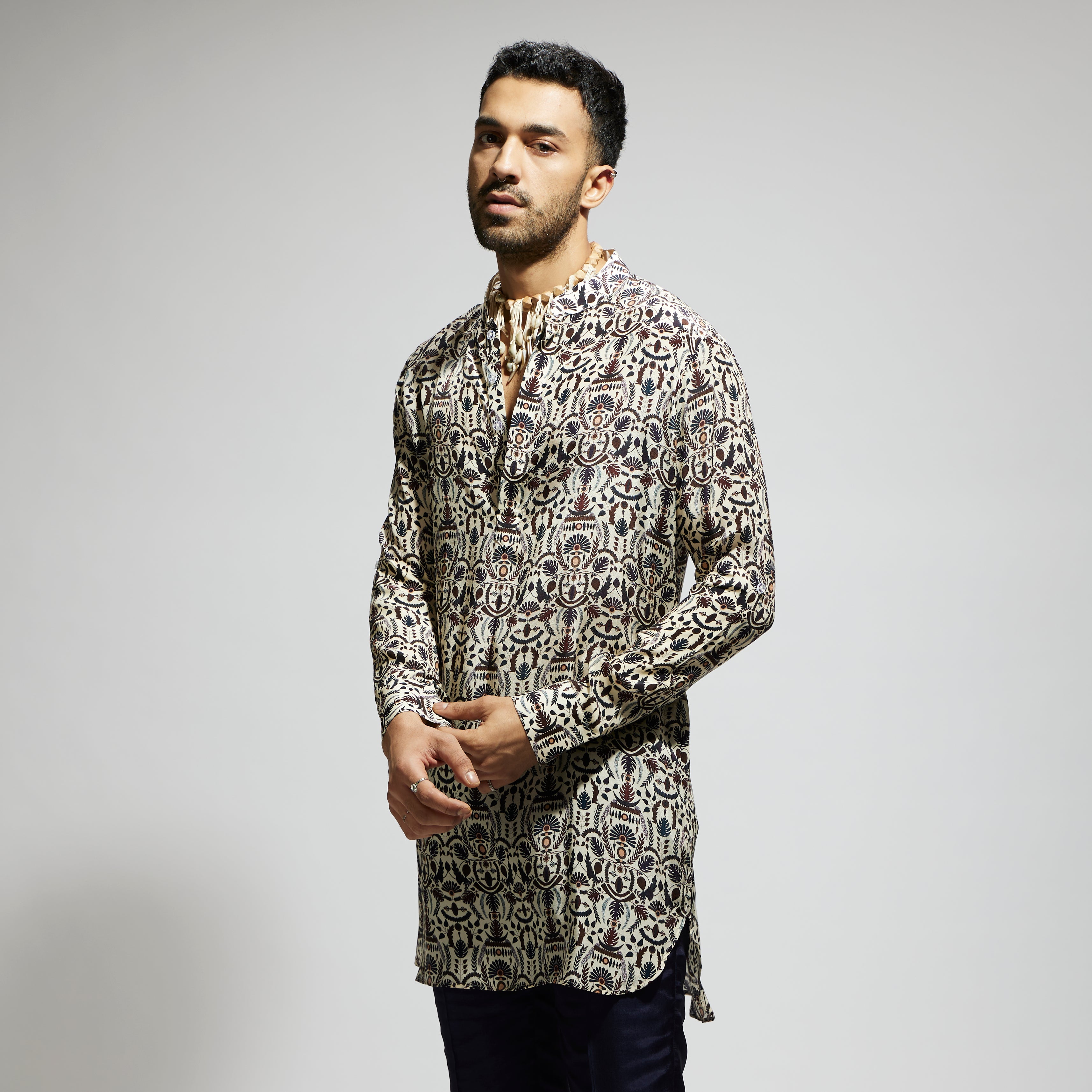 SAMSARA: WHITE LEAF JAAL PRINT ROLLED UP SLEEVES KURTA