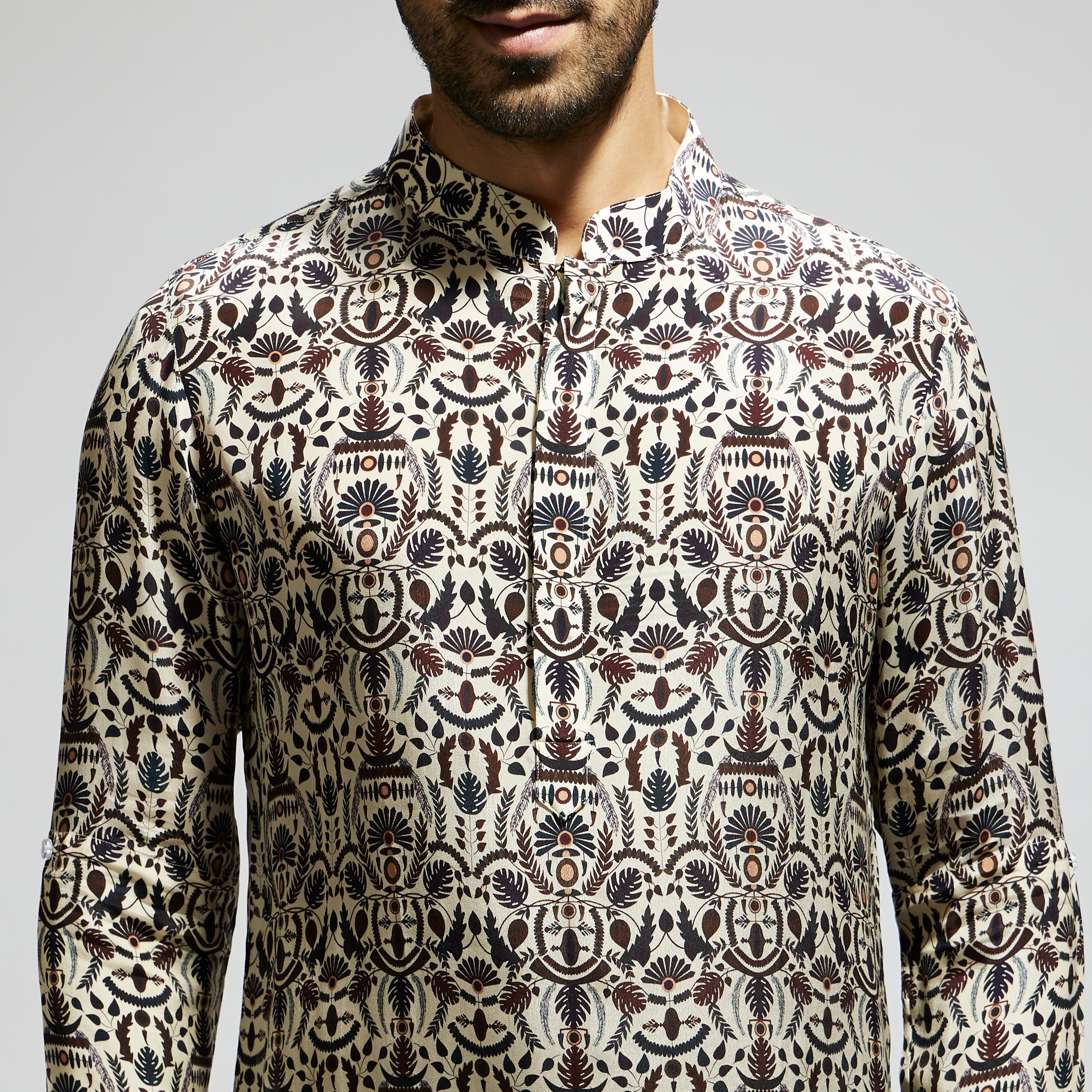 SAMSARA: WHITE LEAF JAAL PRINT ROLLED UP SLEEVES KURTA