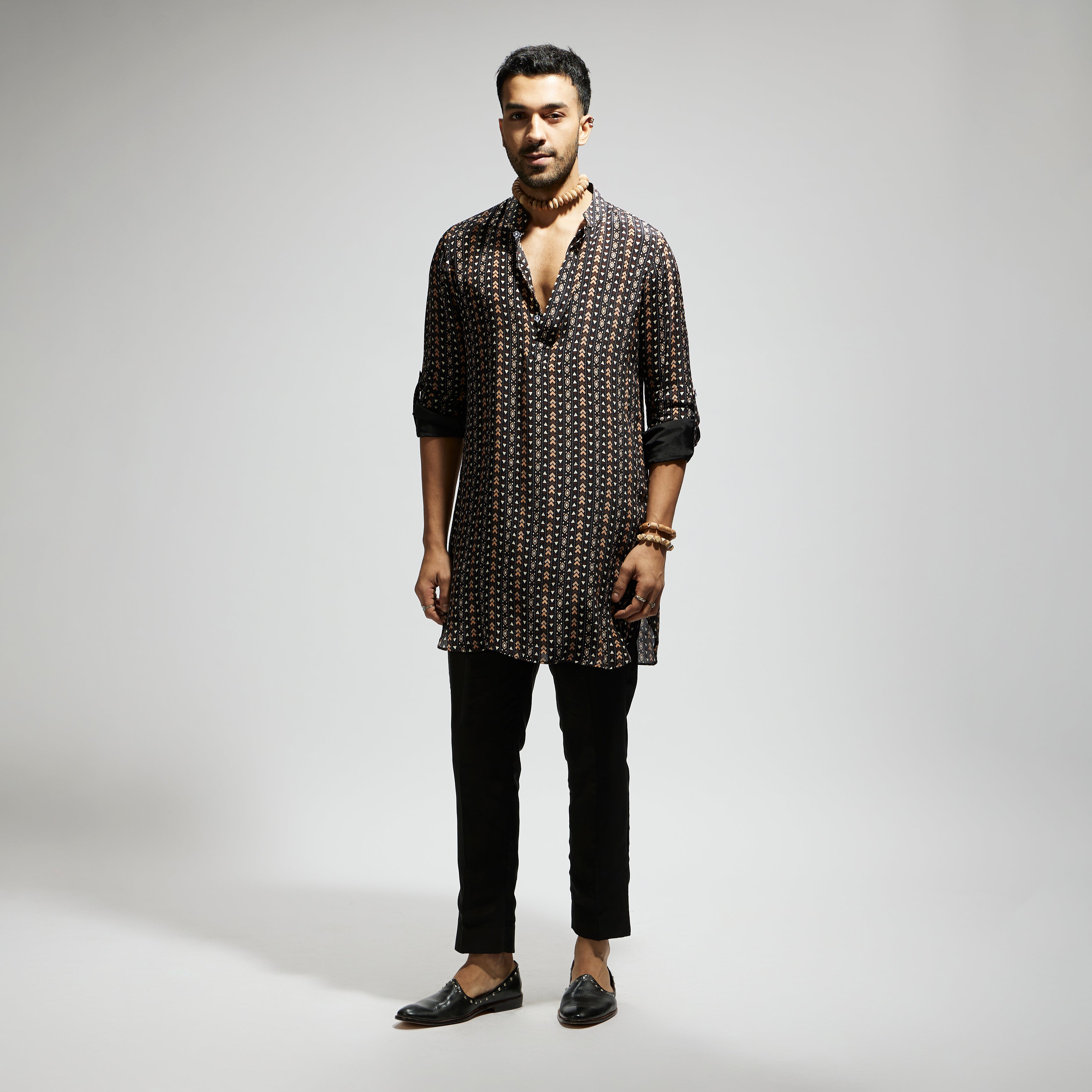 SAMSARA: BLACK BOHO PRINT ROLLED UP SLEEVES KURTA