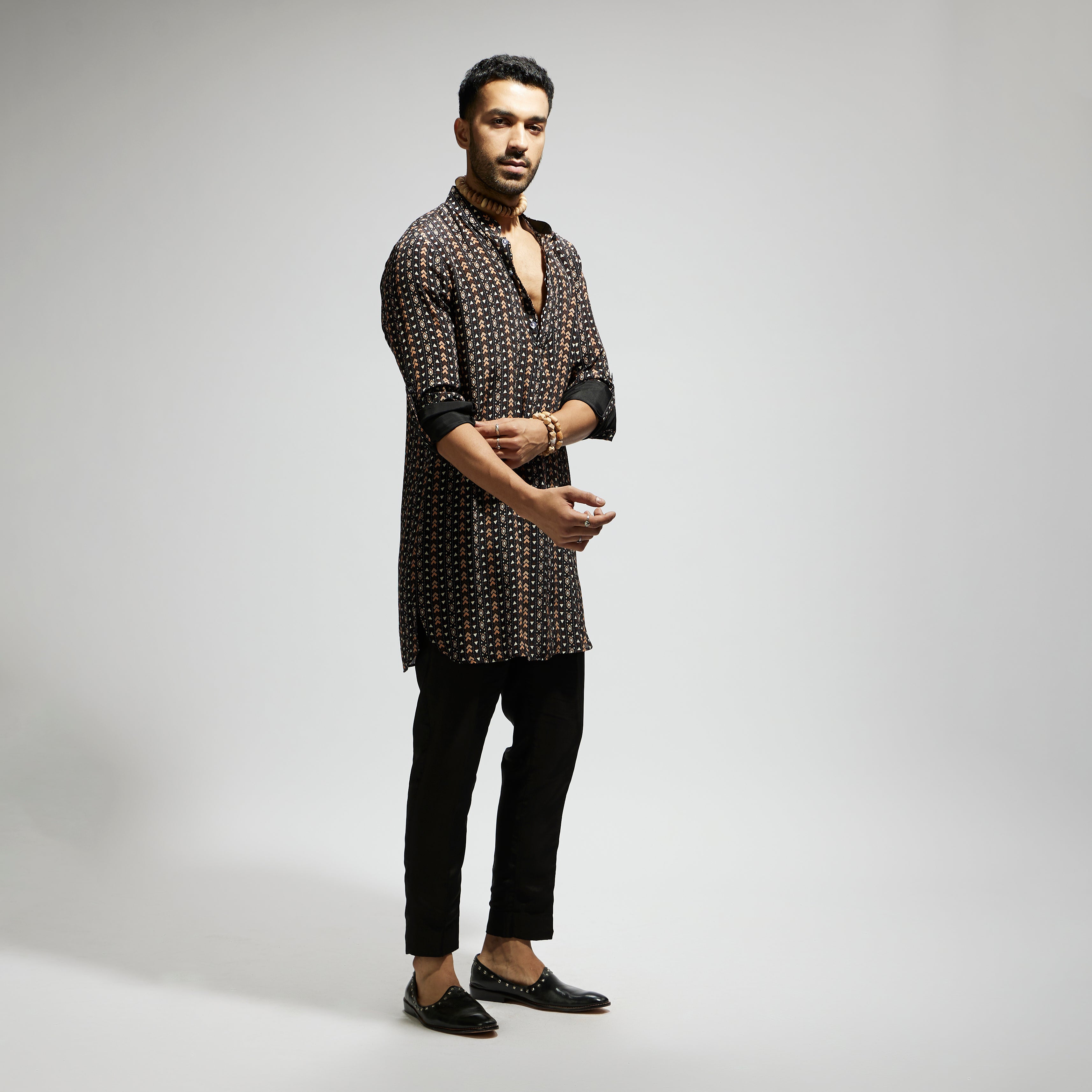 BLACK BOHO PRINT ROLLED UP SLEEVES KURTA