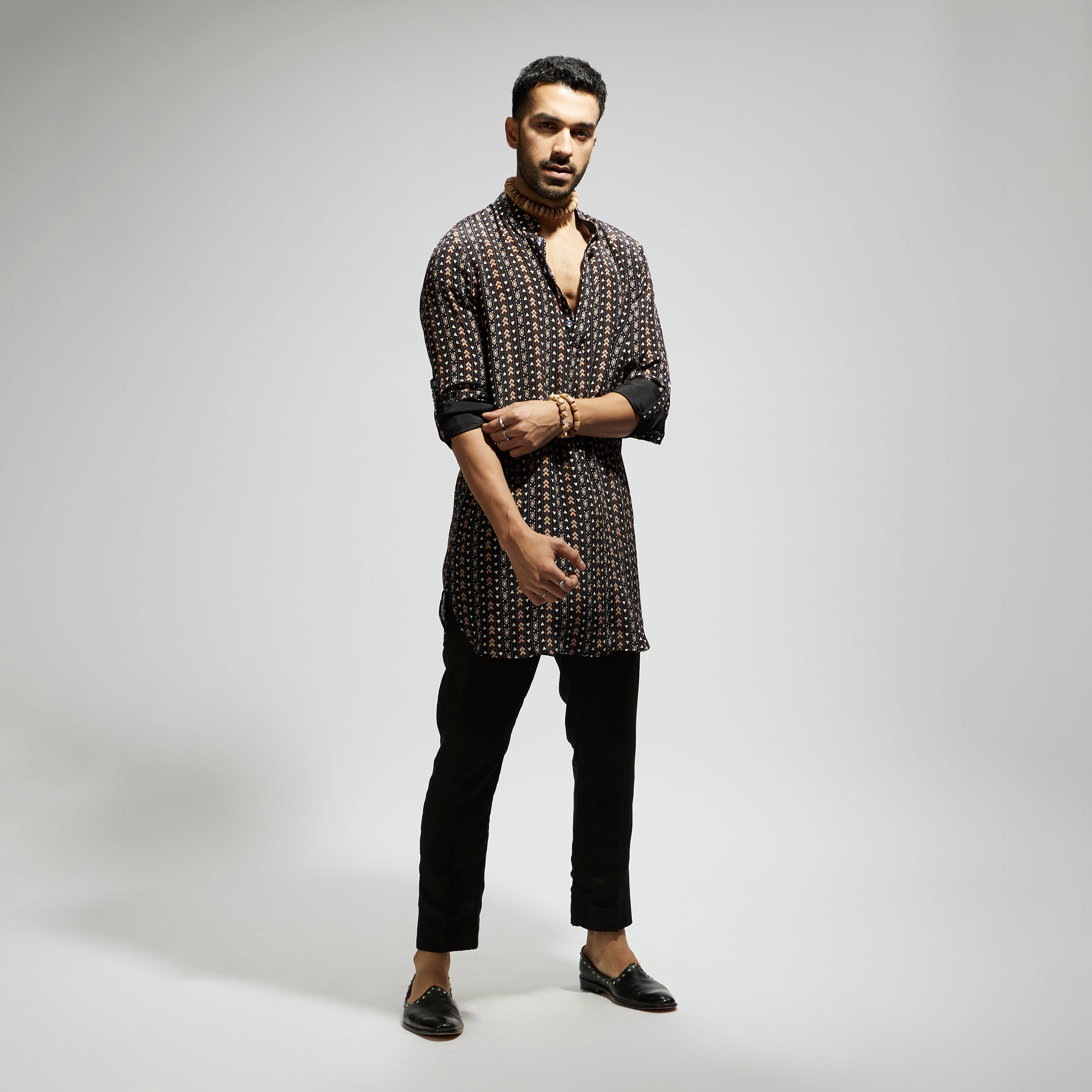 SAMSARA: BLACK BOHO PRINT ROLLED UP SLEEVES KURTA