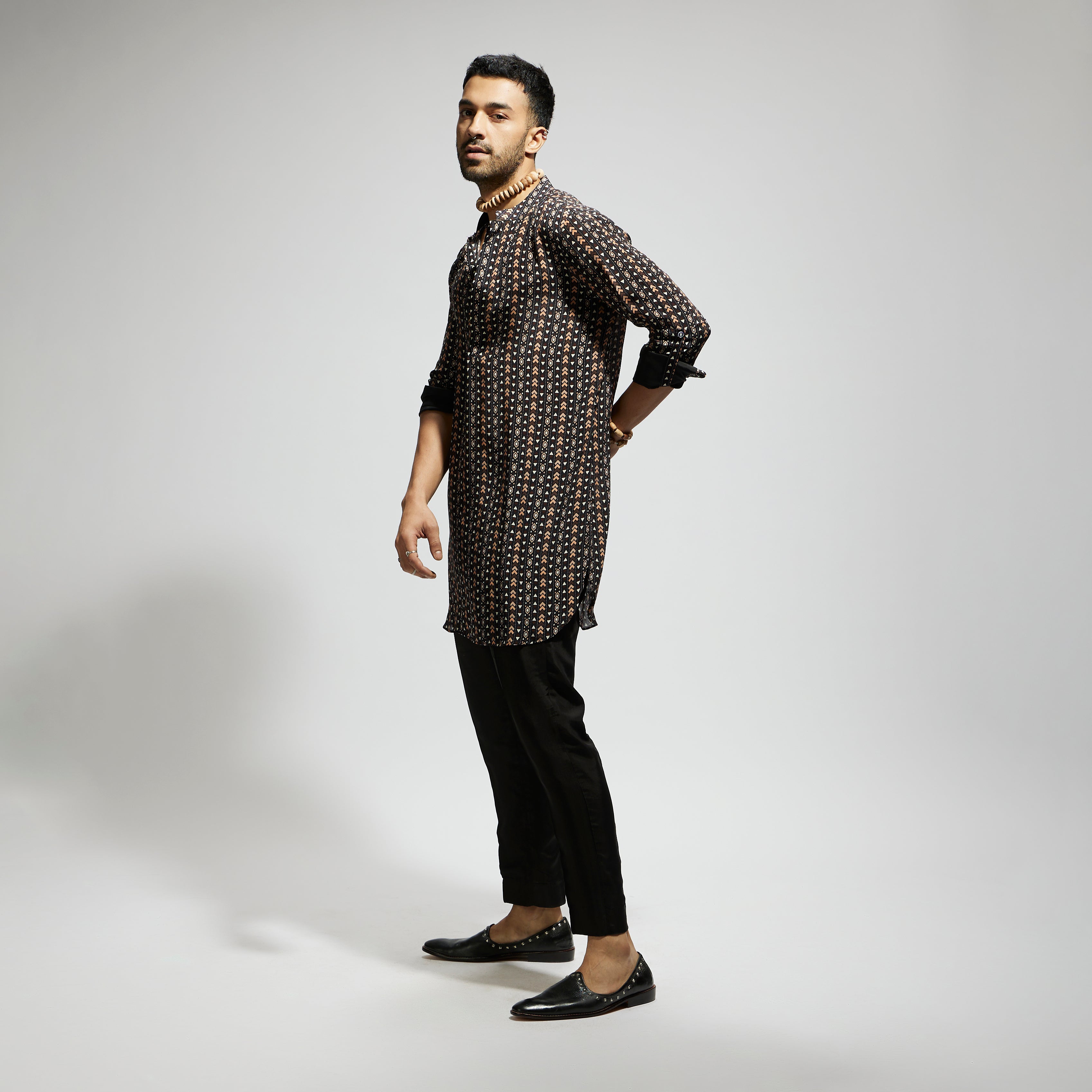 SAMSARA: BLACK BOHO PRINT ROLLED UP SLEEVES KURTA