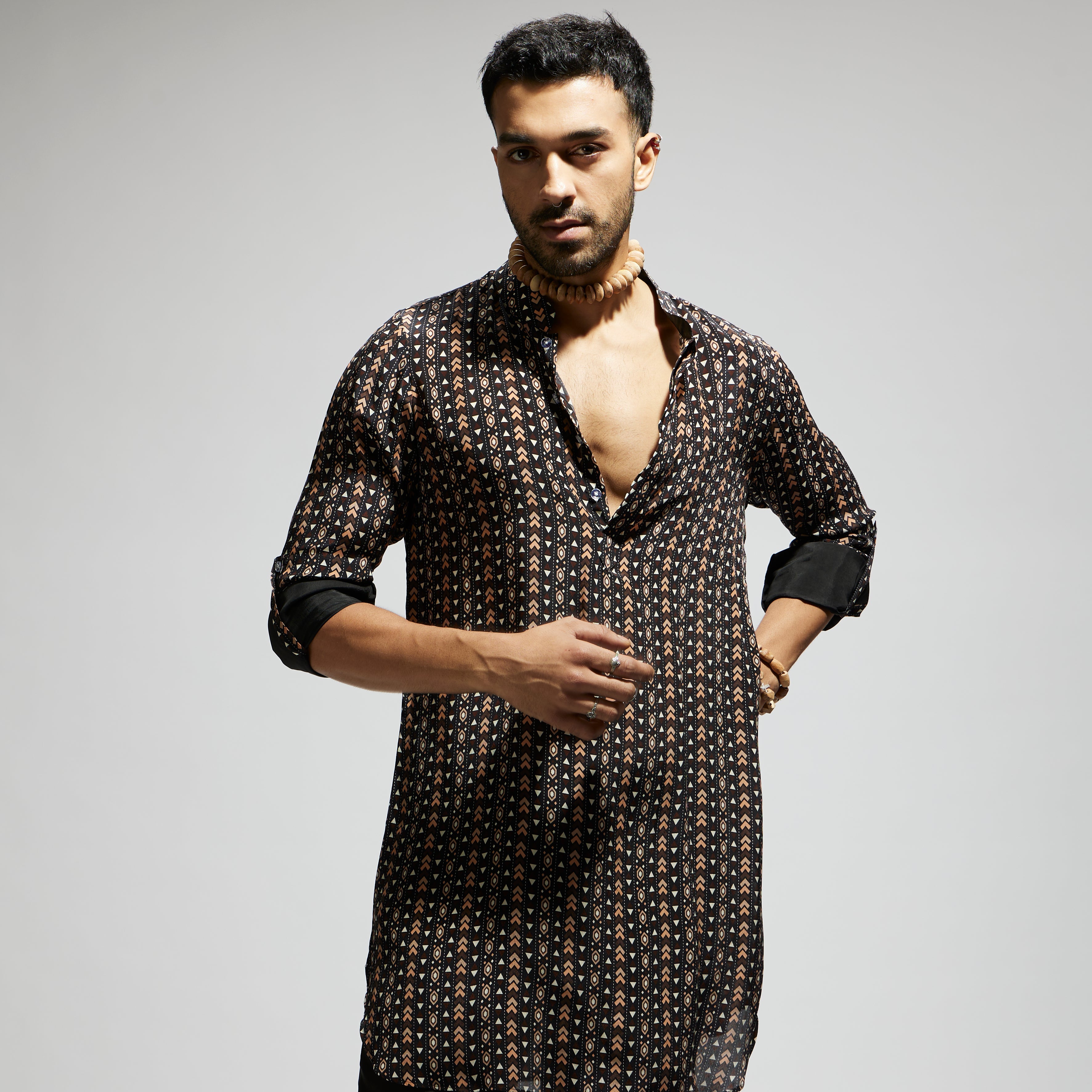 SAMSARA: BLACK BOHO PRINT ROLLED UP SLEEVES KURTA