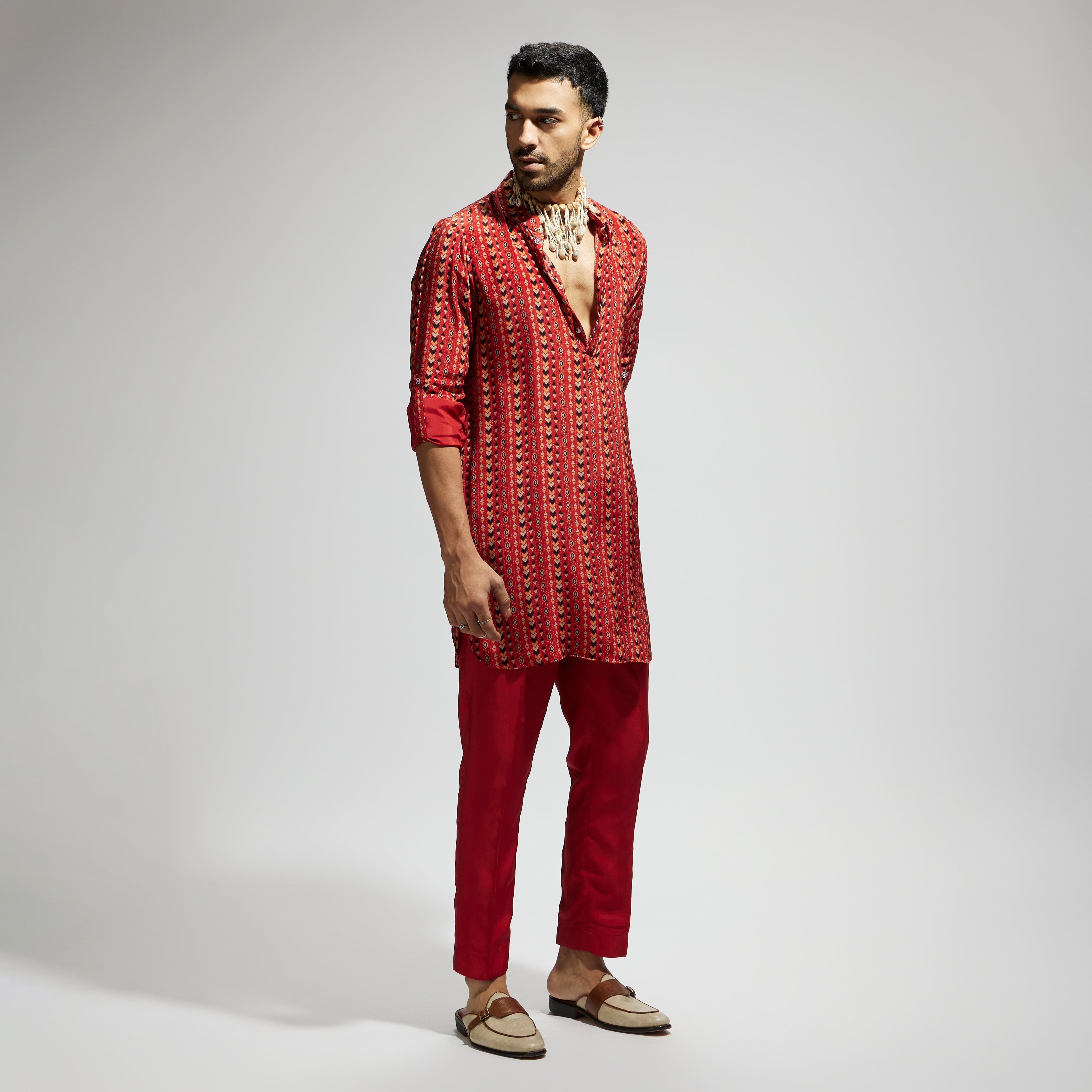 SAMSARA: ORANGE BOHO PRINT ROLLED UP SLEEVES KURTA