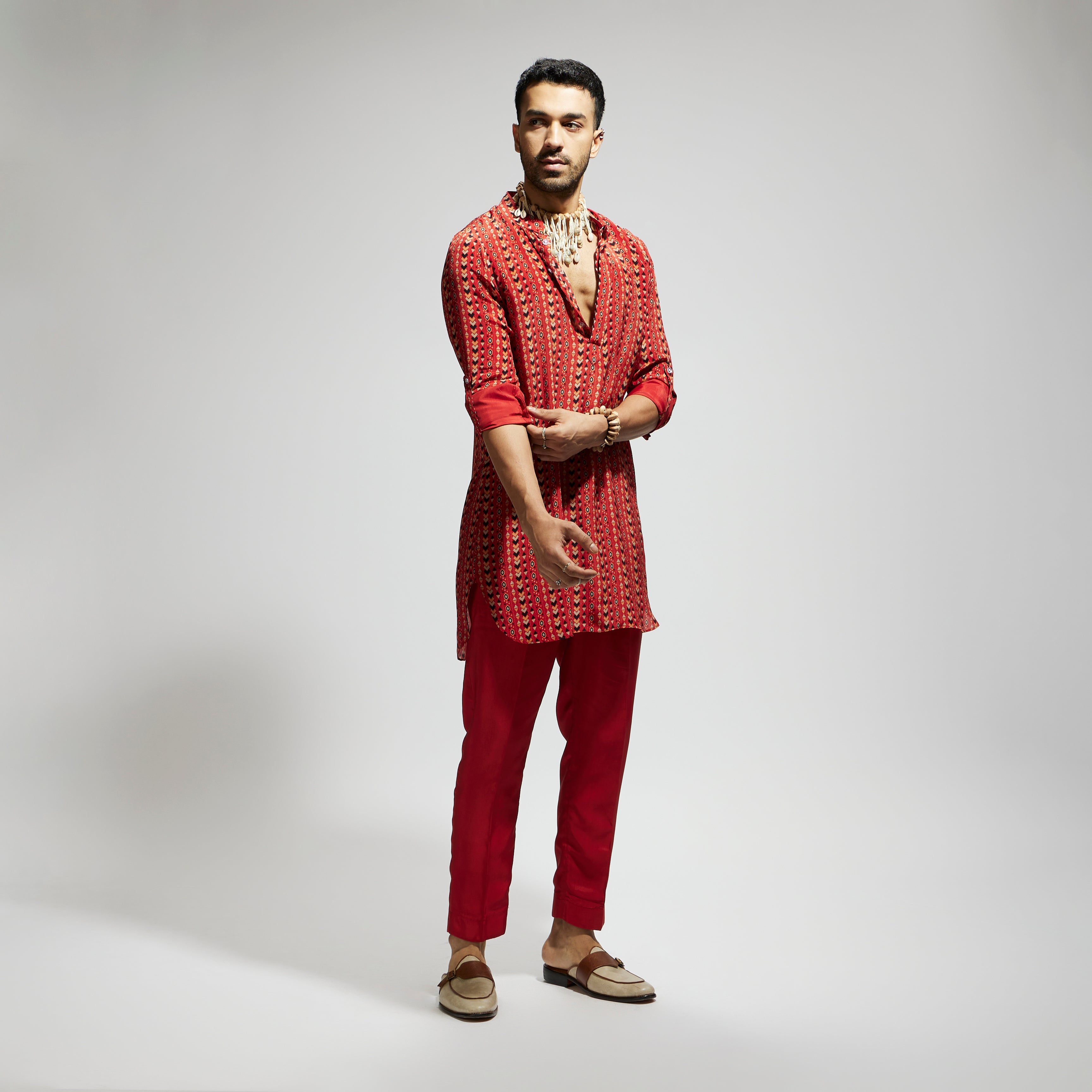 SAMSARA: ORANGE BOHO PRINT ROLLED UP SLEEVES KURTA