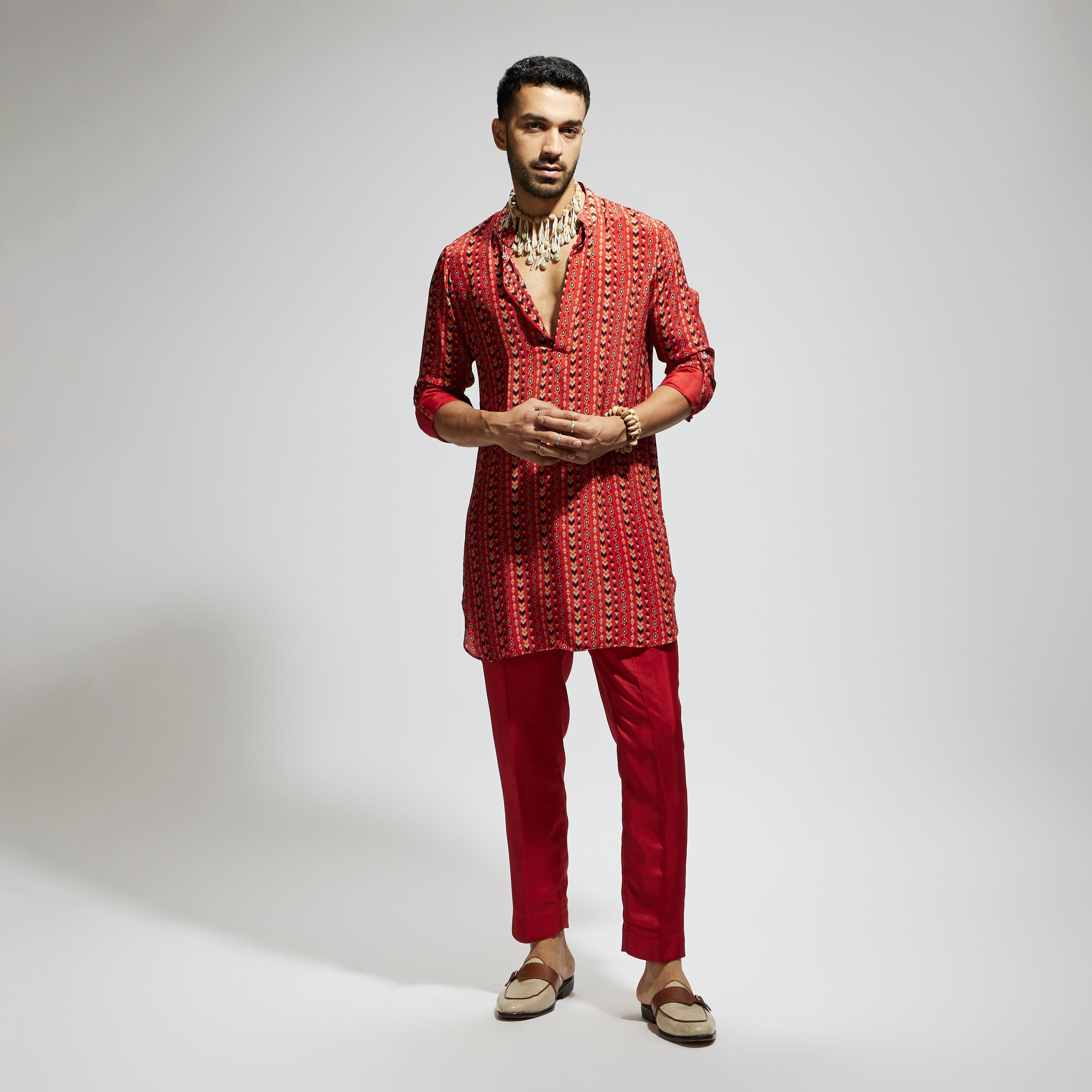 SAMSARA: ORANGE BOHO PRINT ROLLED UP SLEEVES KURTA