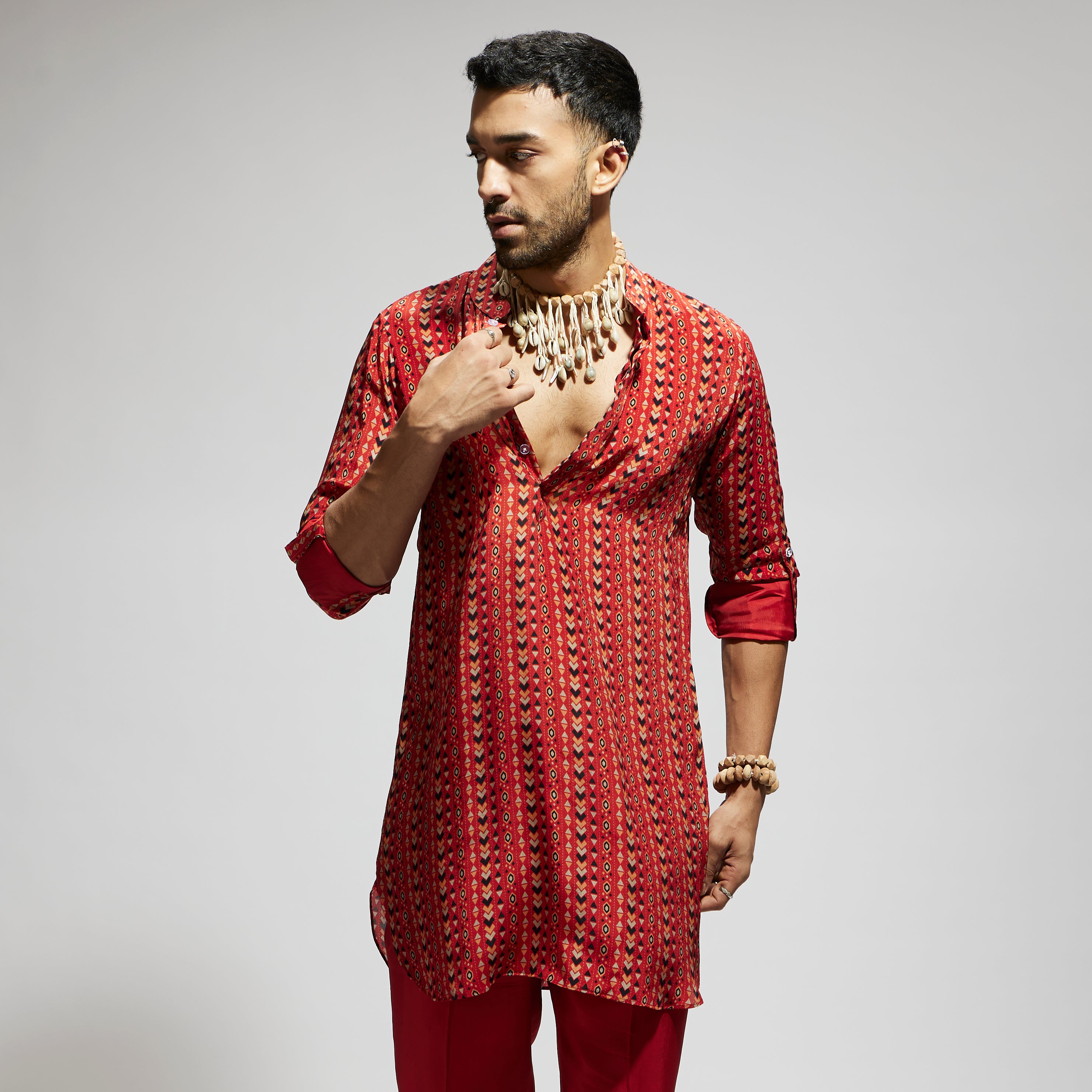 ORANGE BOHO PRINT ROLLED UP SLEEVES KURTA