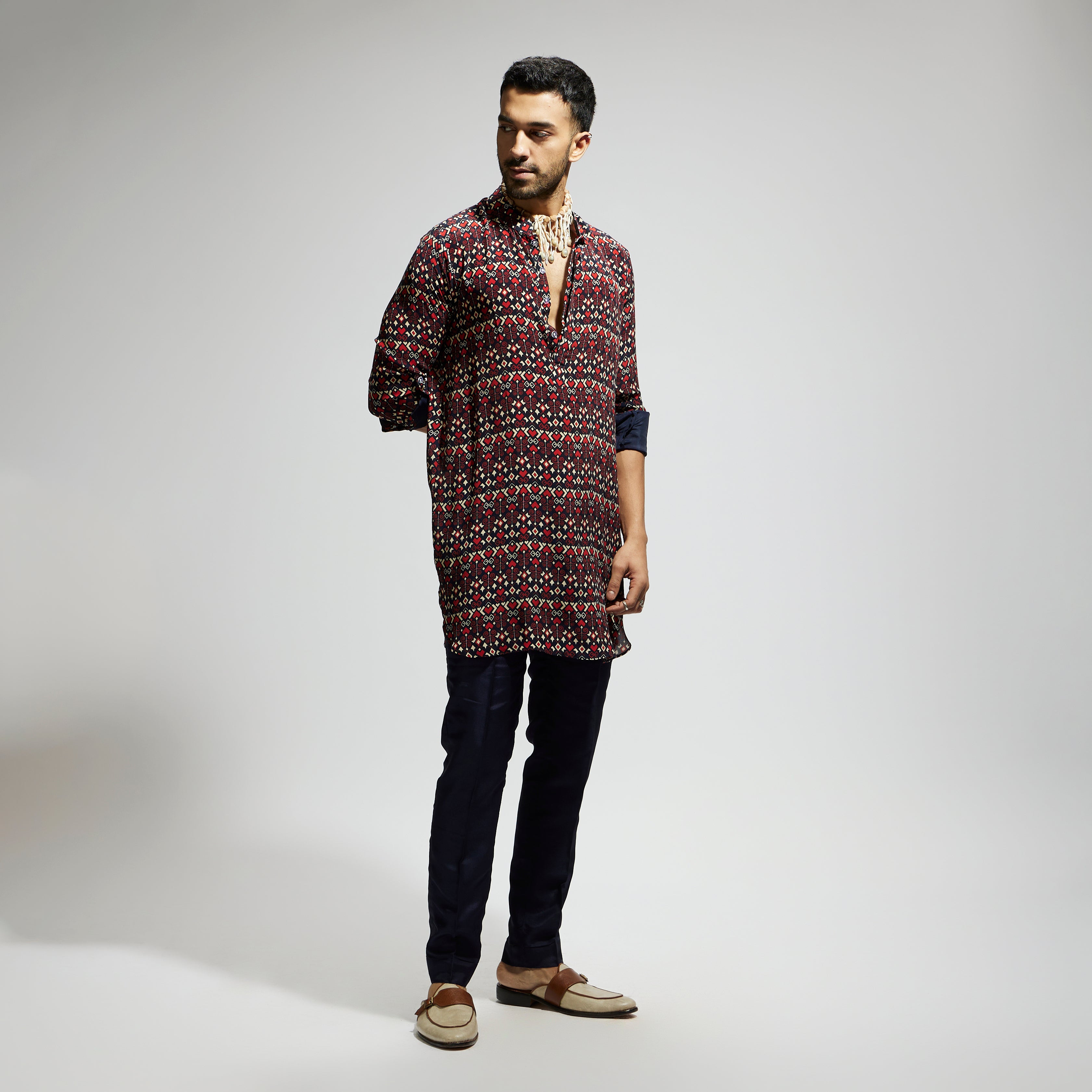 BLUE GEO PRINT ROLLED UP SLEEVES KURTA