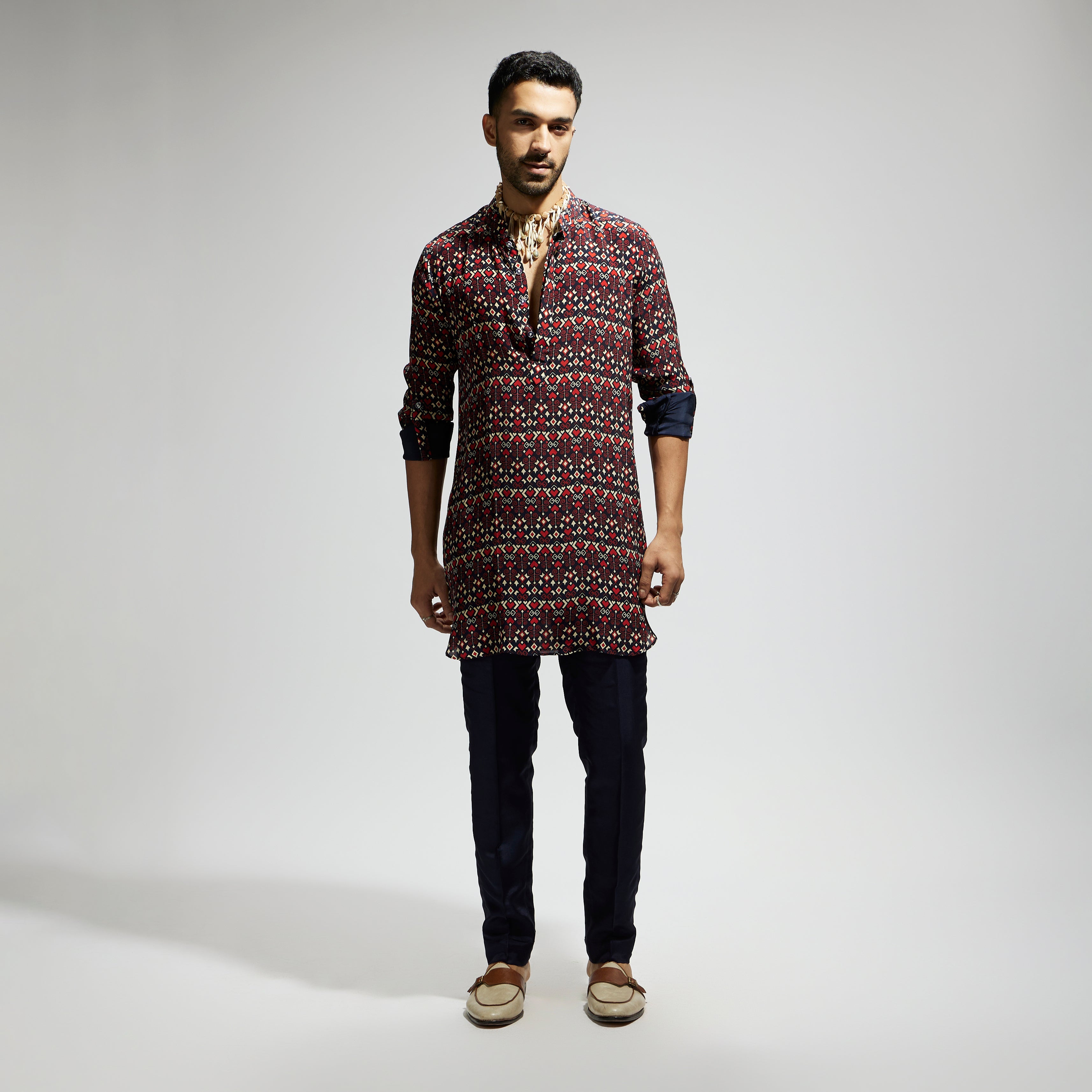 BLUE GEO PRINT ROLLED UP SLEEVES KURTA