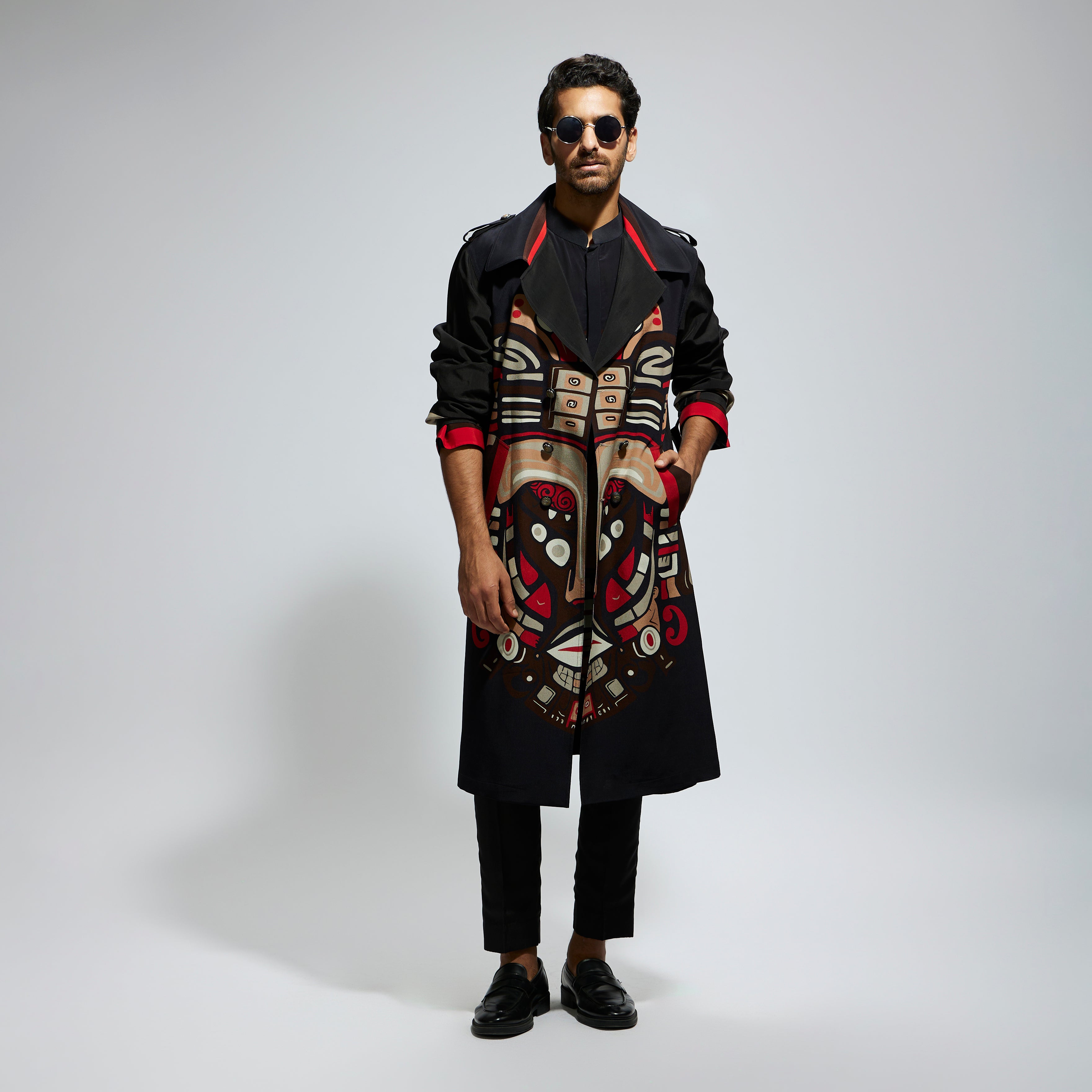 SAMSARA: BLACK MASK PRINT TRENCHCOAT