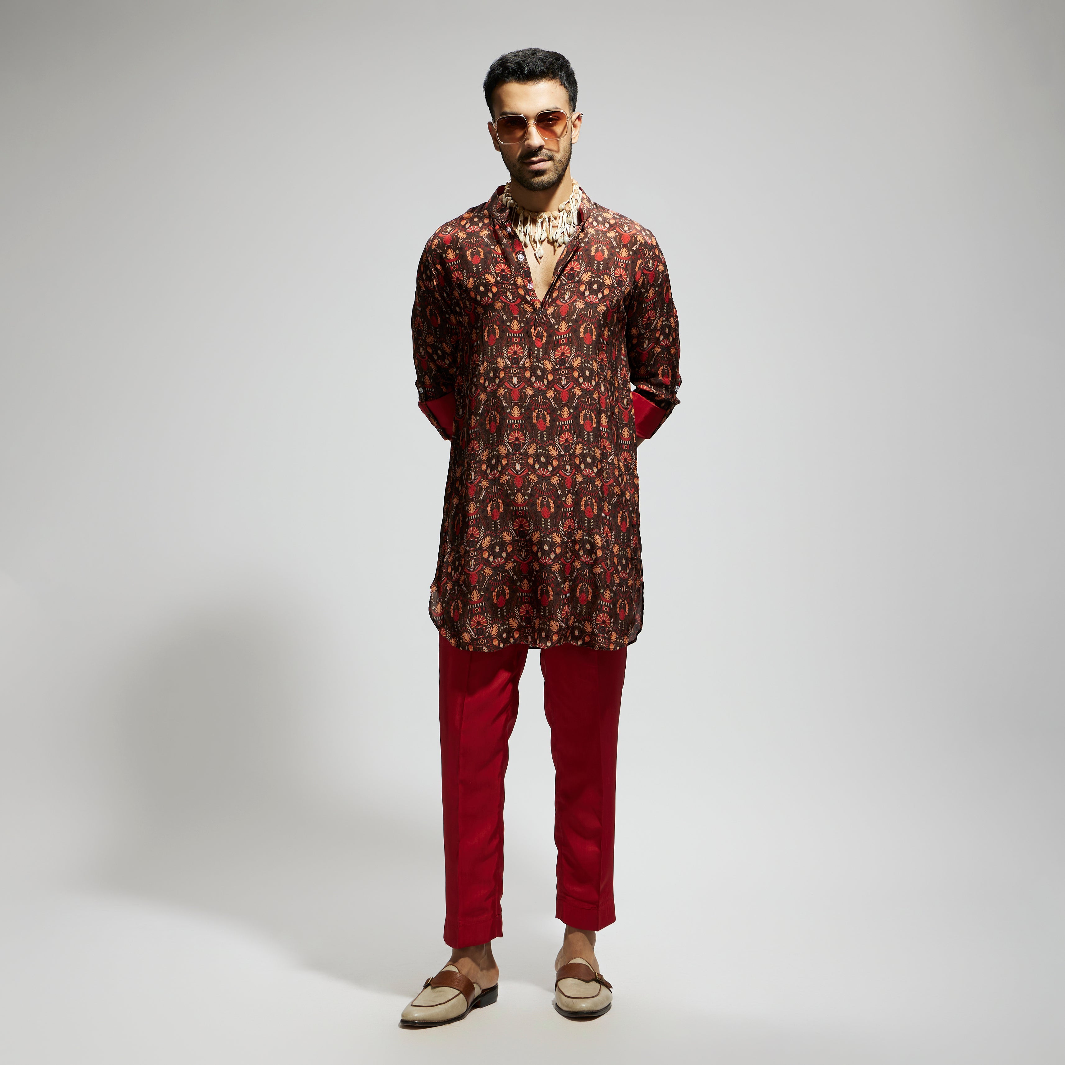 GREY JAAL PRINT ROLLED UP SLEEVES KURTA