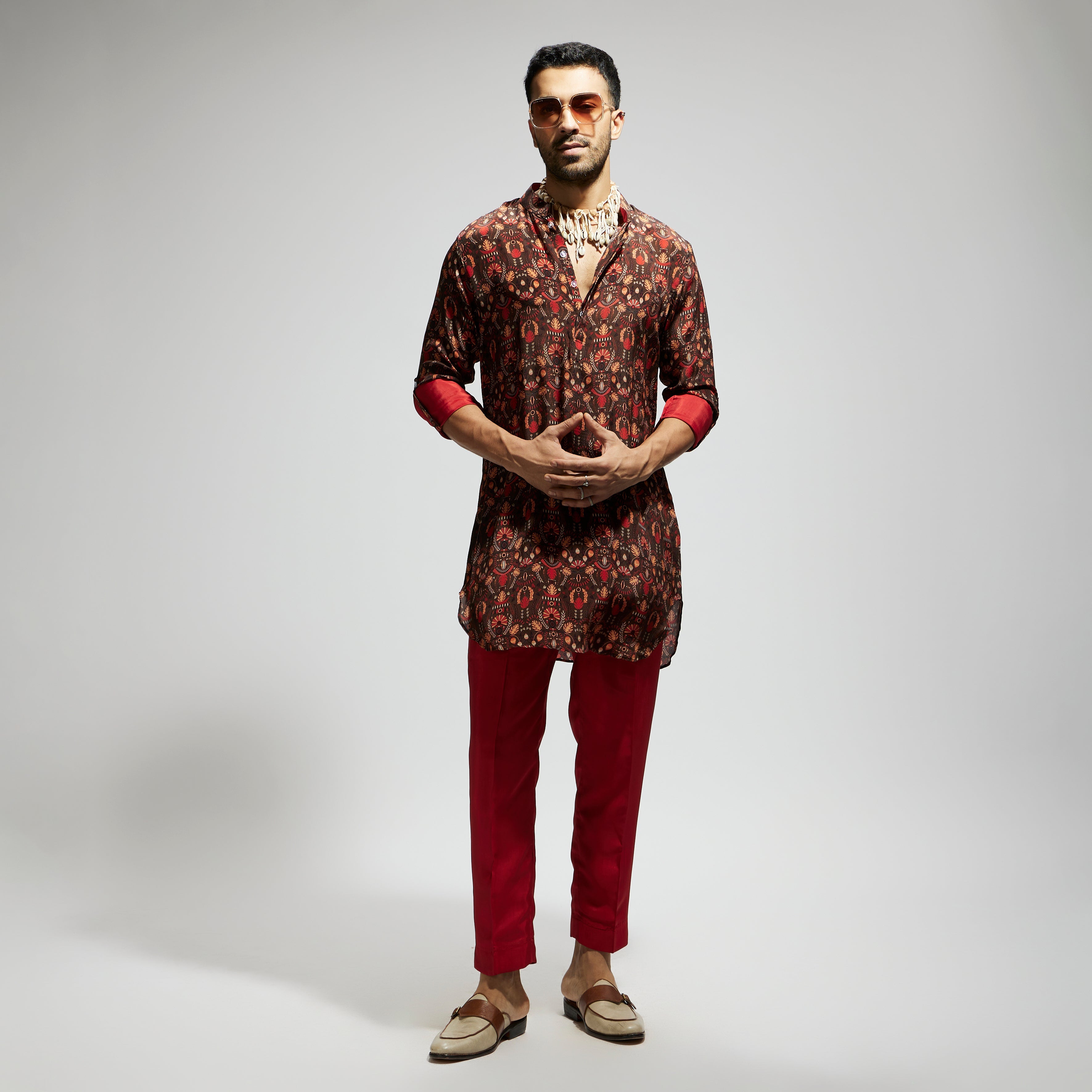 SAMSARA: GREY JAAL PRINT ROLLED UP SLEEVES KURTA