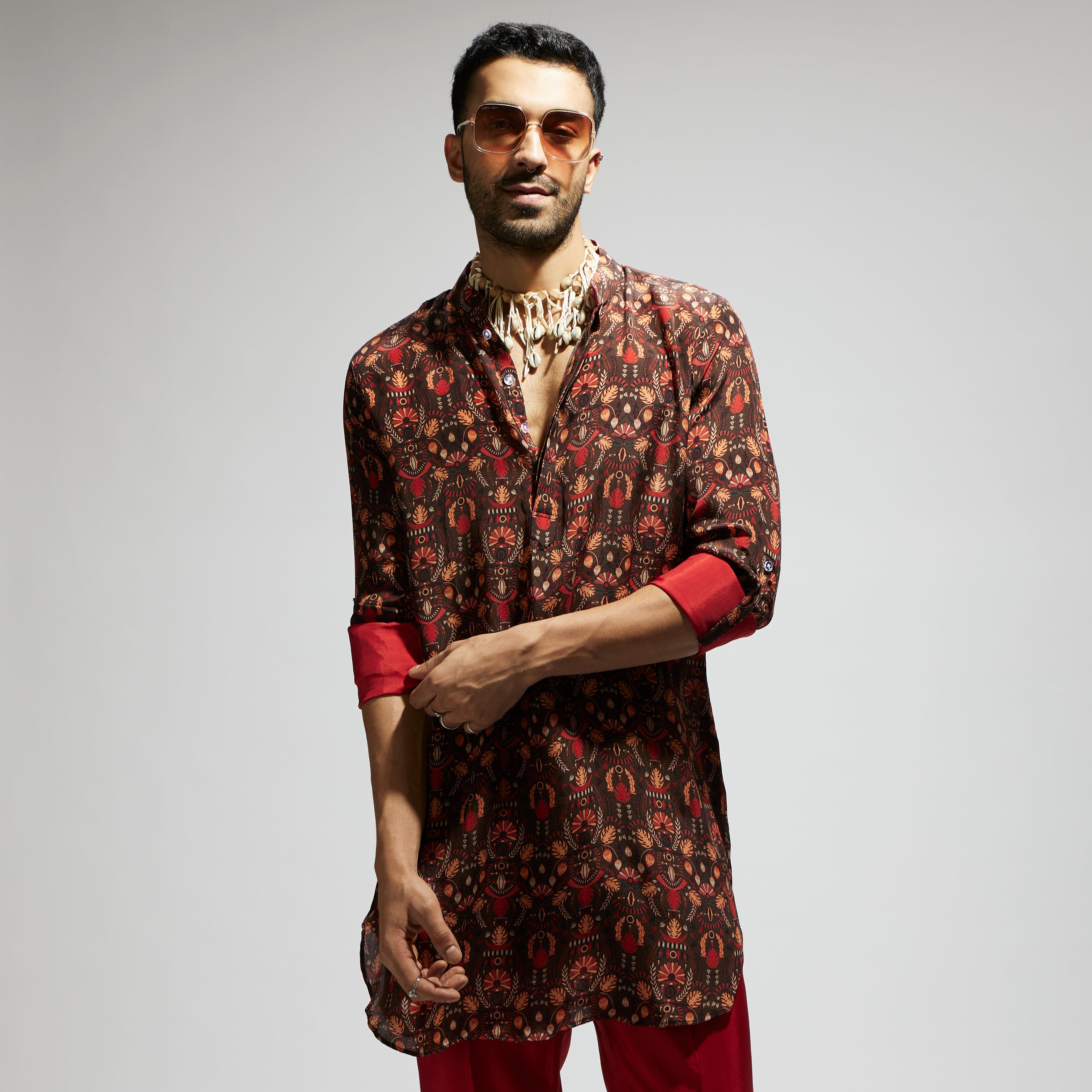 SAMSARA: GREY JAAL PRINT ROLLED UP SLEEVES KURTA