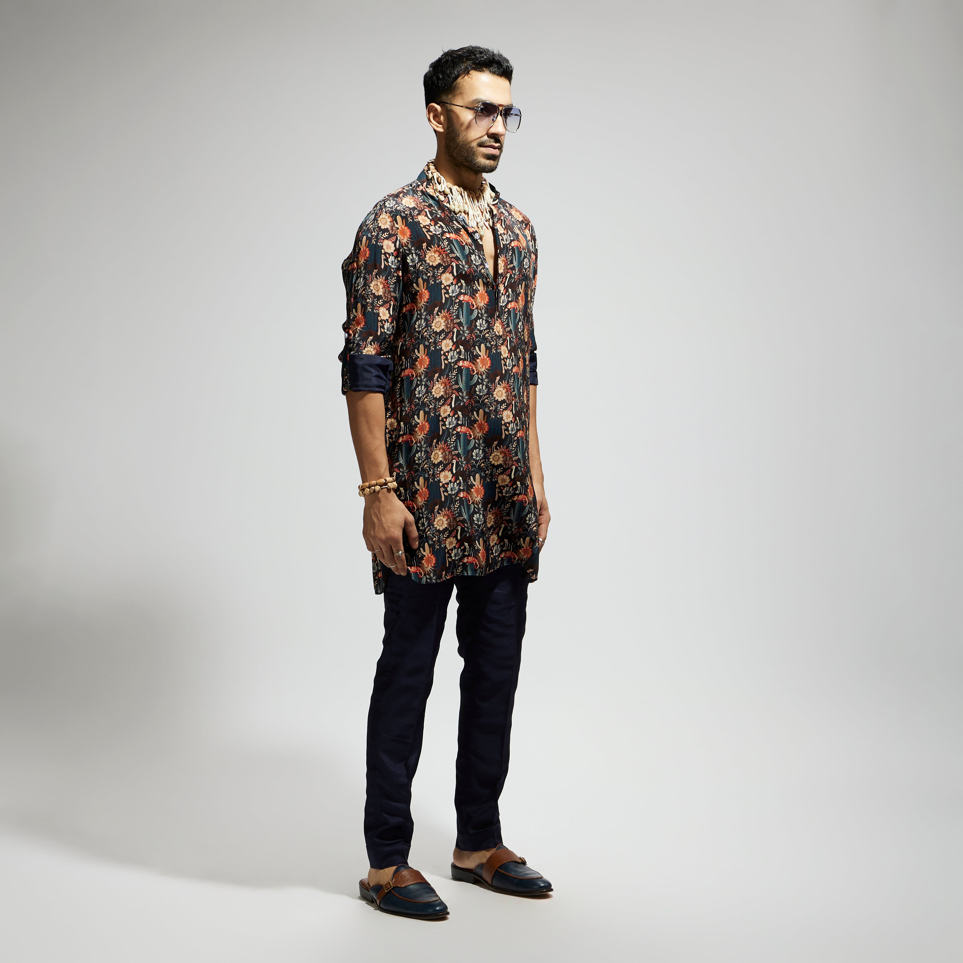 SAMSARA: BLUE JAAL ROLLED UP SLEEVES KURTA