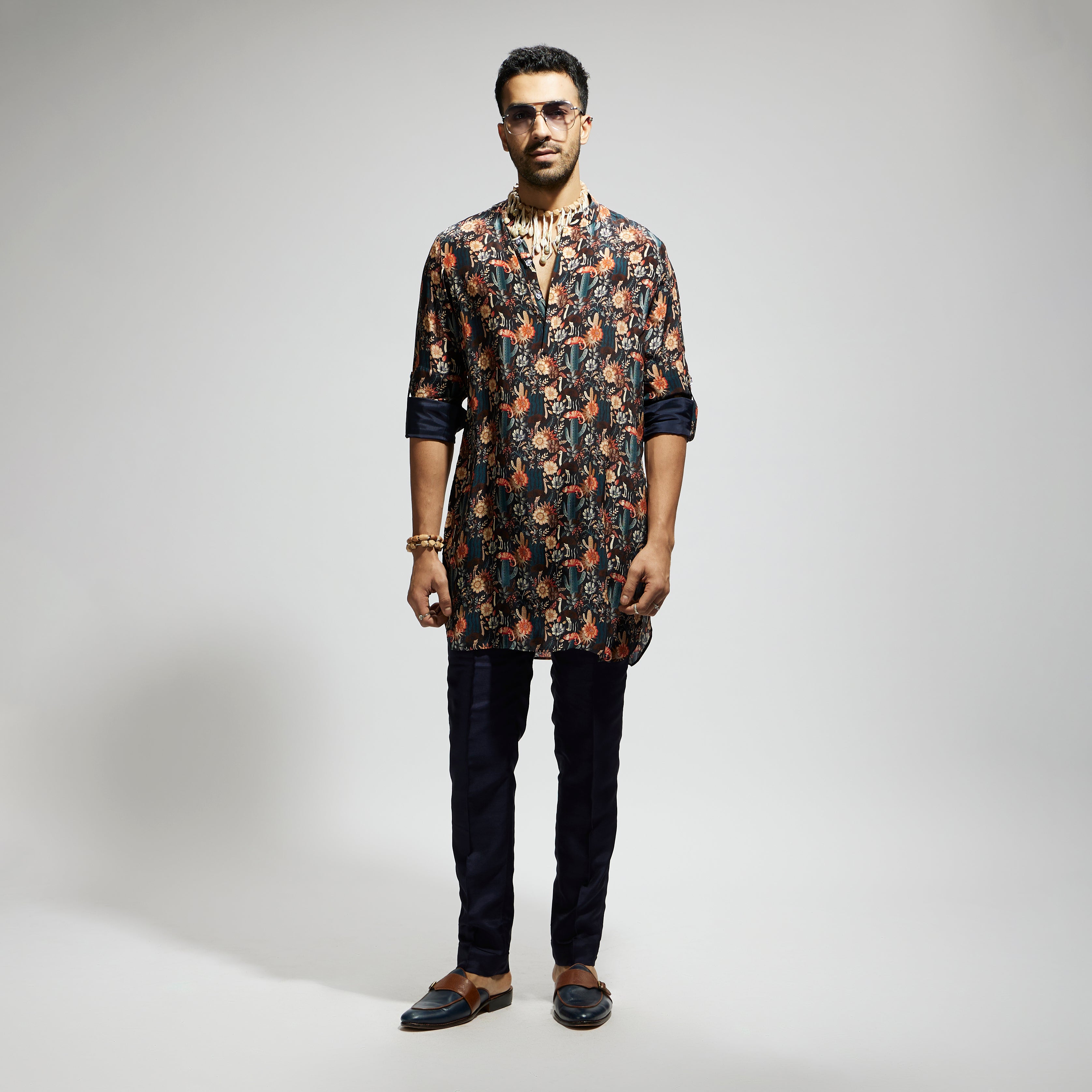 SAMSARA: BLUE JAAL ROLLED UP SLEEVES KURTA