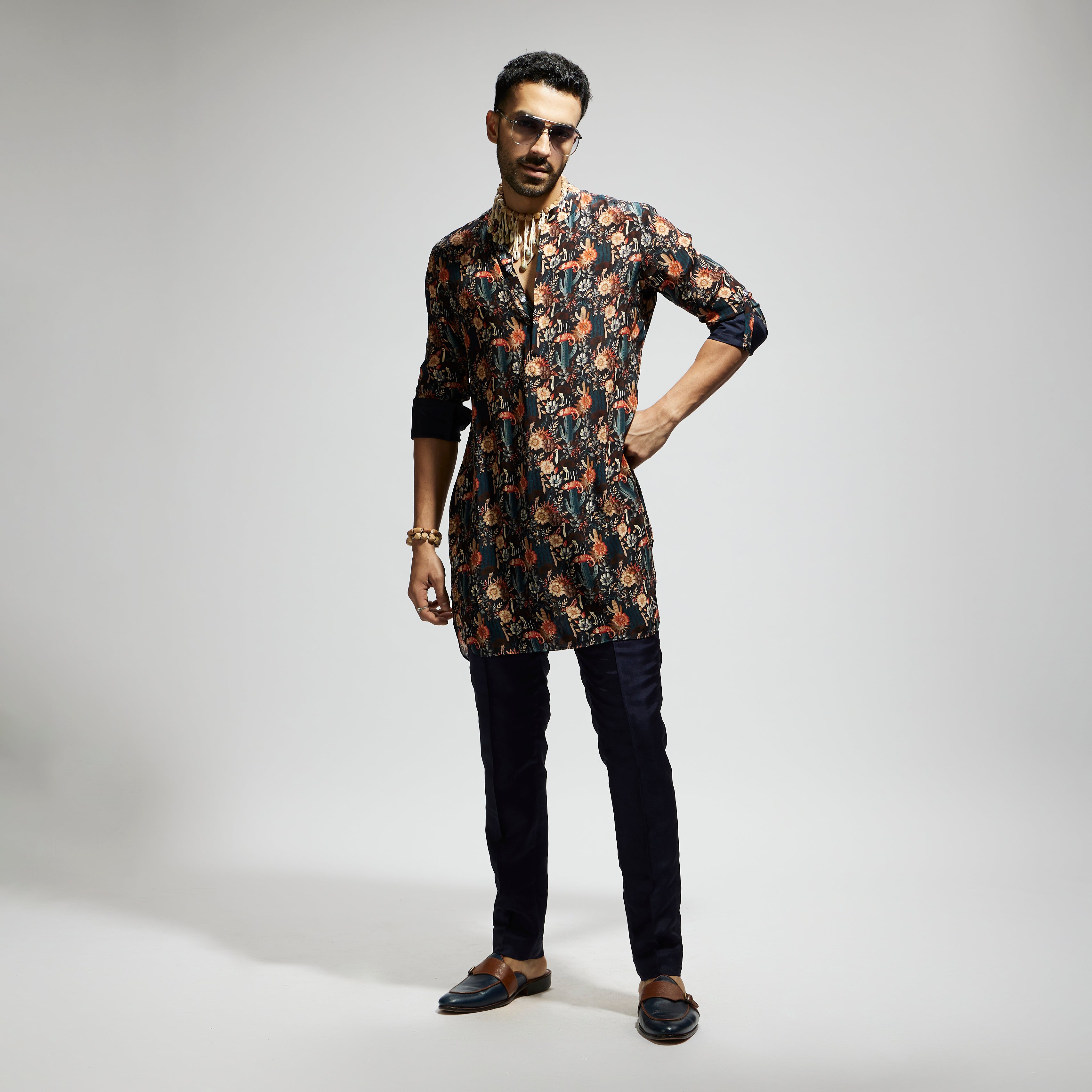 BLUE JAAL ROLLED UP SLEEVES KURTA