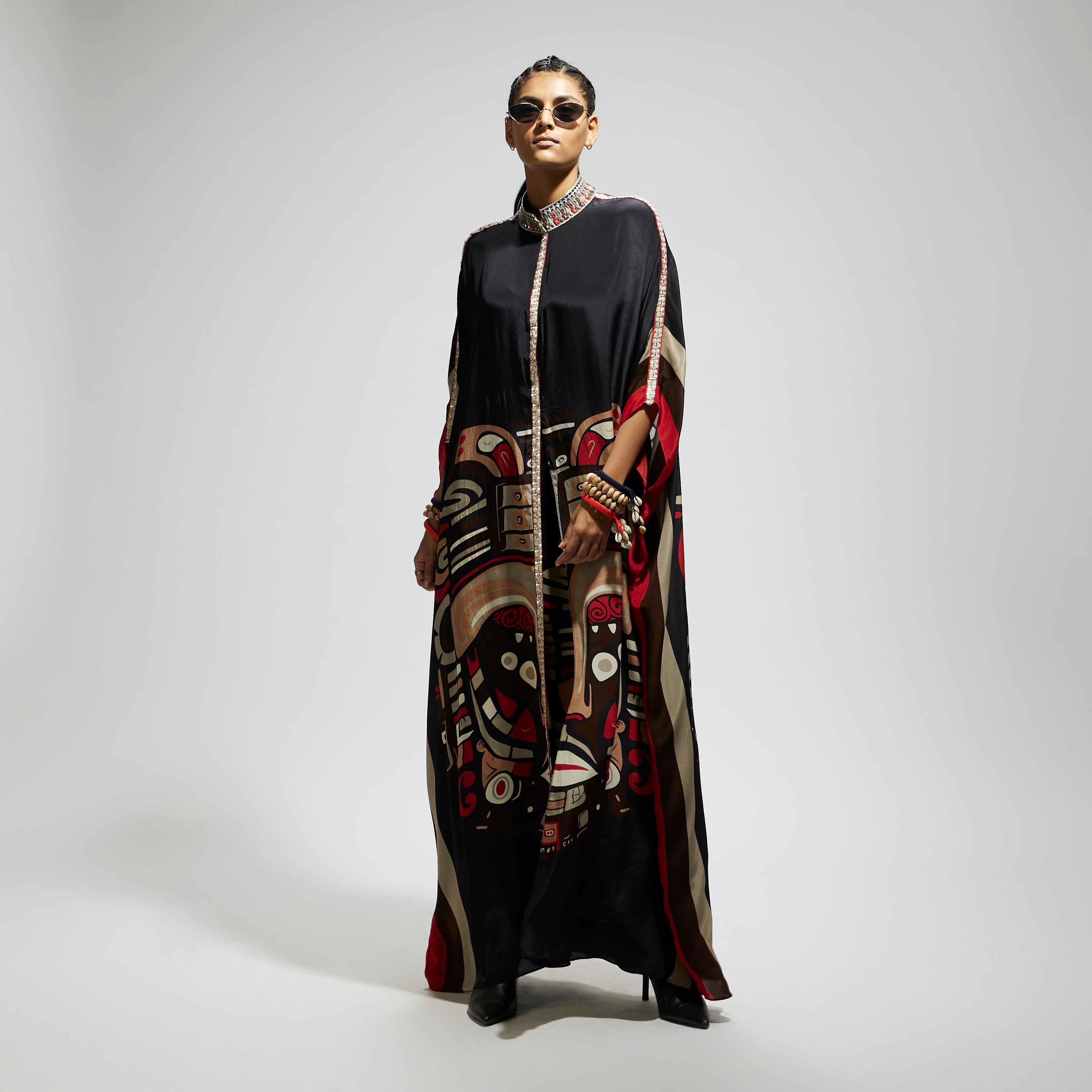 BLACK MASK FRONT OPEN KAFTAN WITH MASK PRINTED PANTS