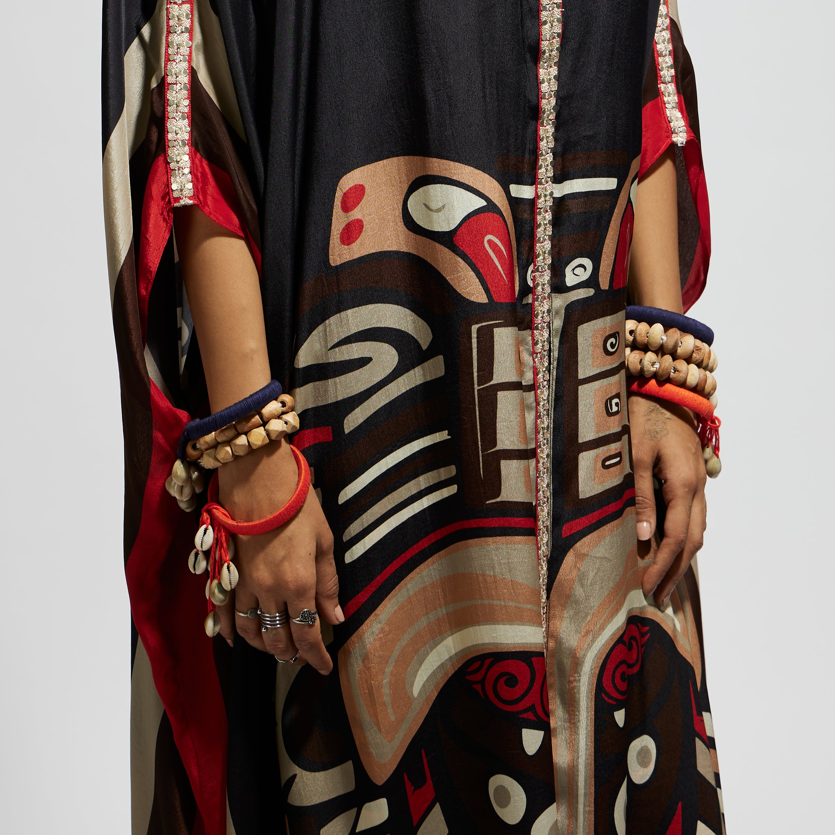 BLACK MASK FRONT OPEN KAFTAN WITH MASK PRINTED PANTS