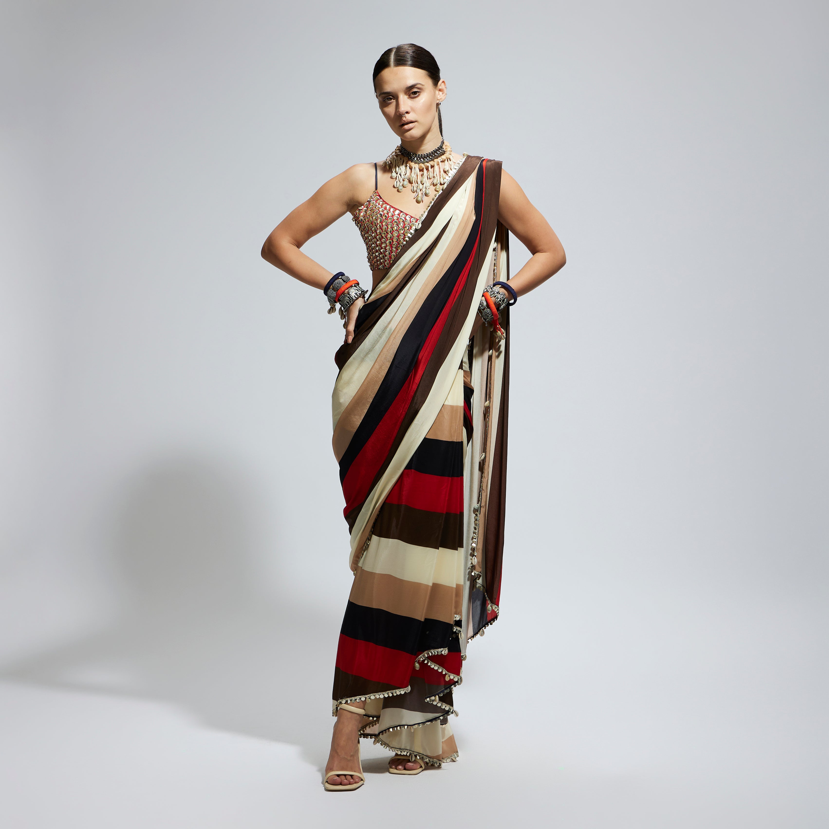 SAMSARA: STRIPE PRINT CASCADE SAREE WITH METALLIC SCALLOP BUSTIER