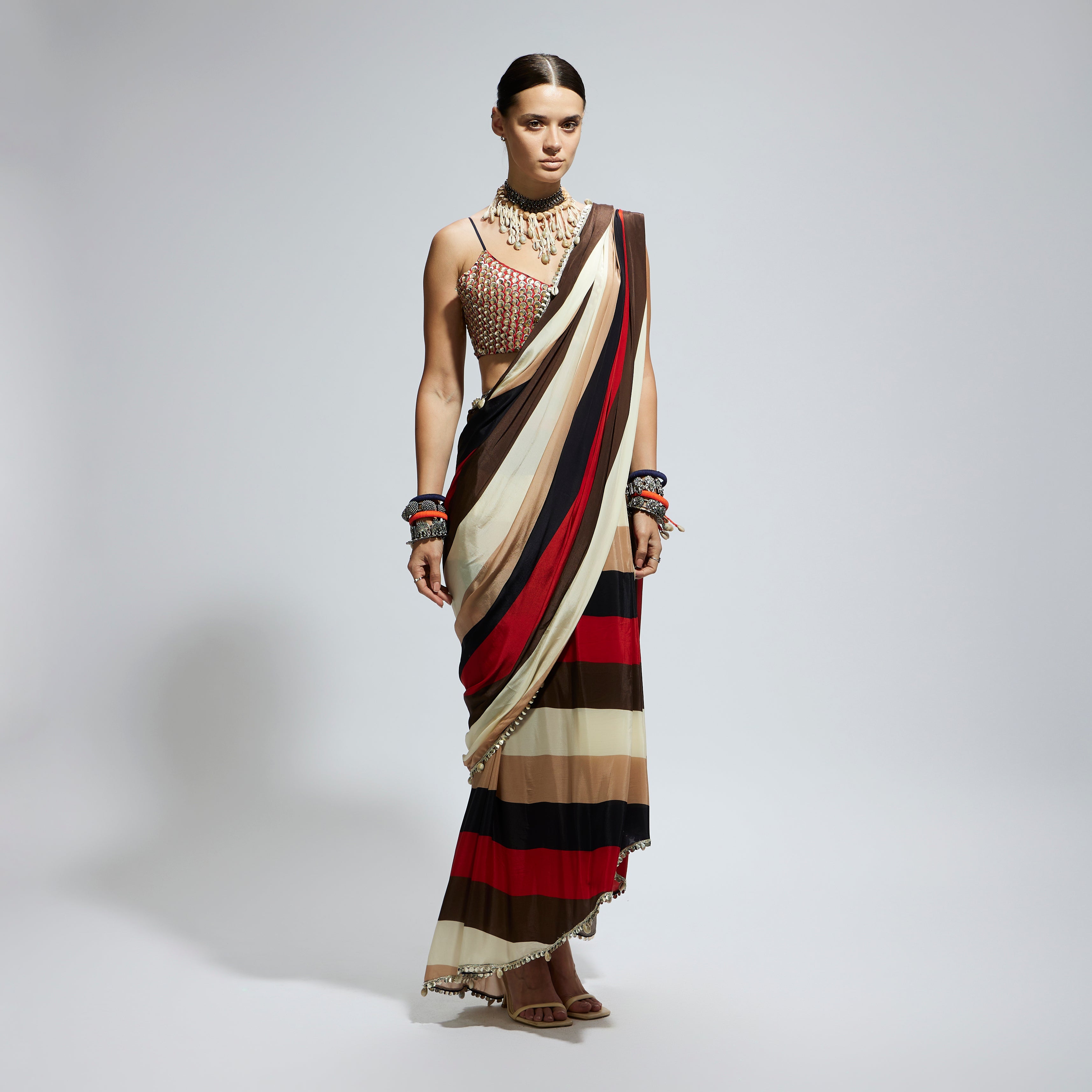 SAMSARA: STRIPE PRINT CASCADE SAREE WITH METALLIC SCALLOP BUSTIER