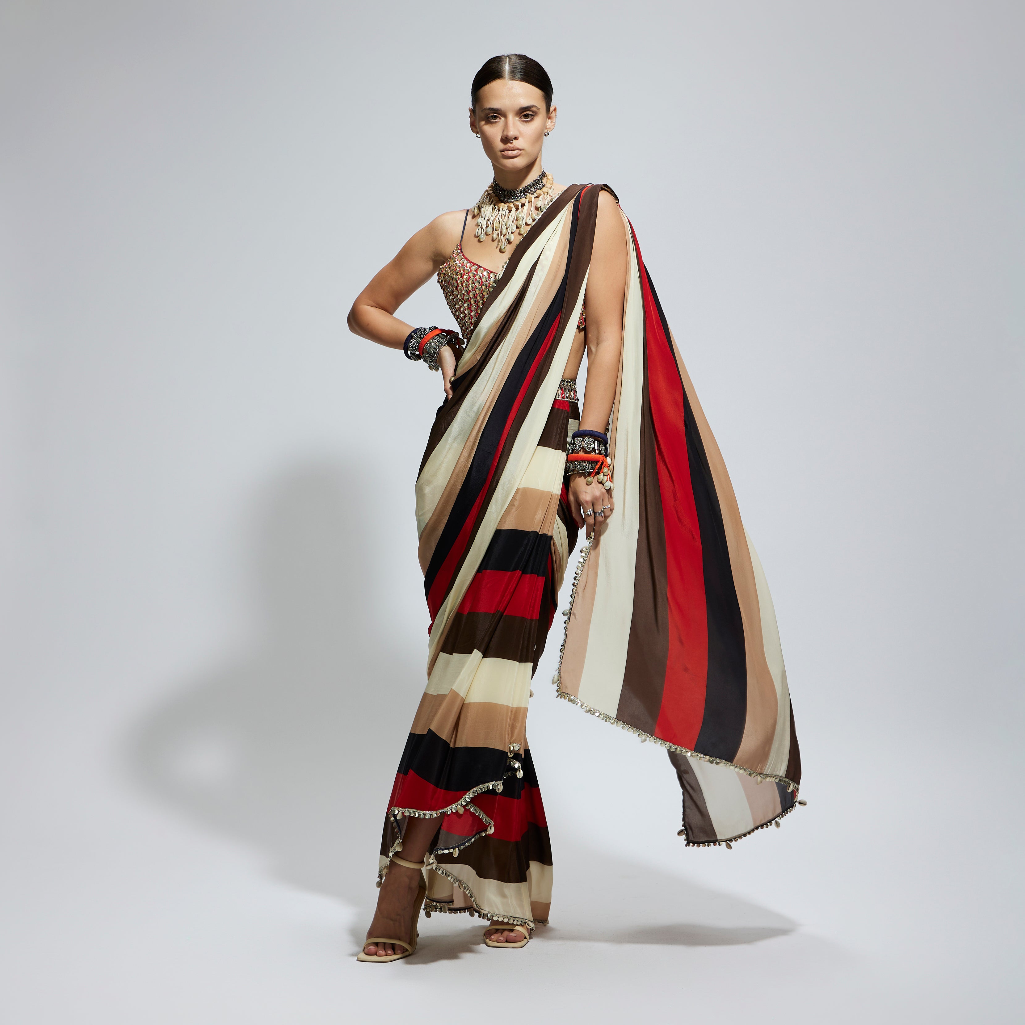 SAMSARA: STRIPE PRINT CASCADE SAREE WITH METALLIC SCALLOP BUSTIER