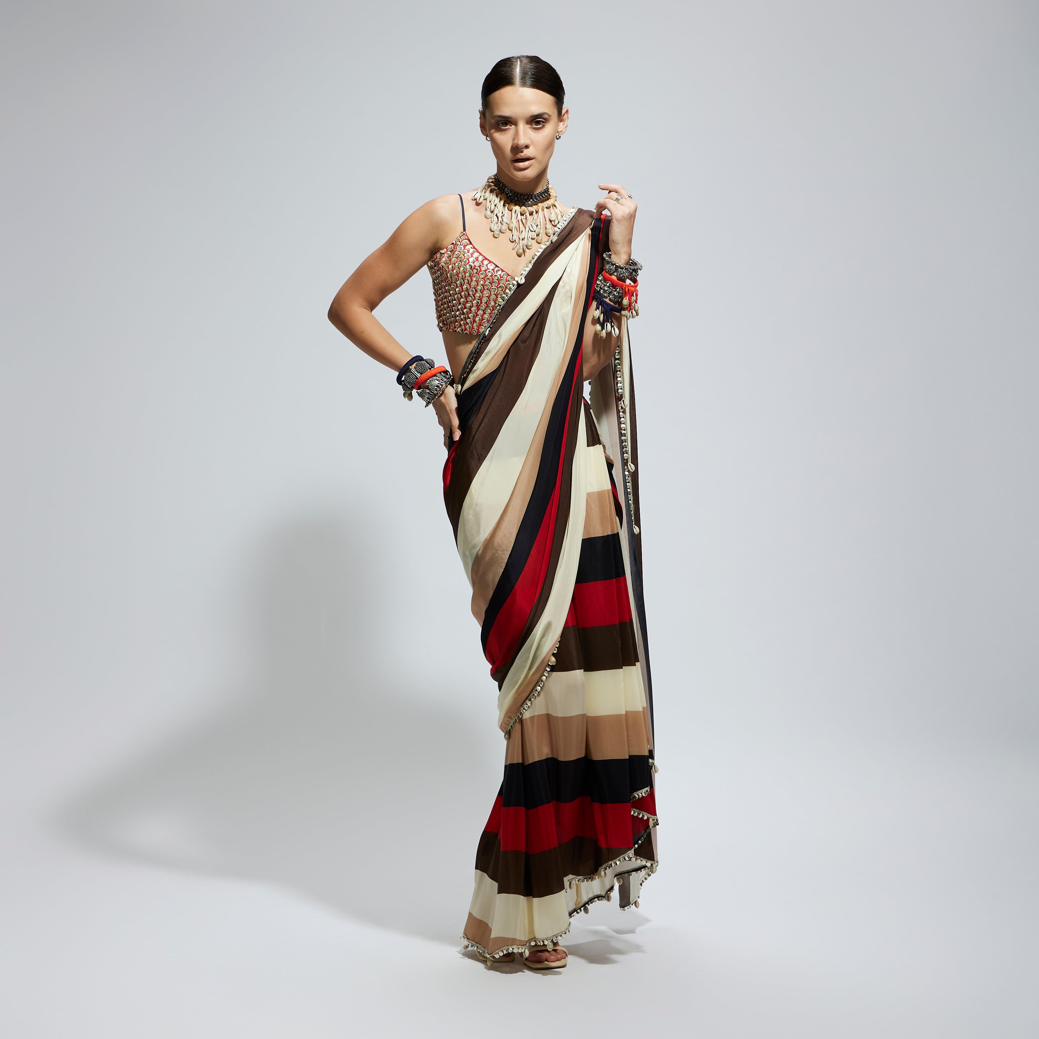 SAMSARA: STRIPE PRINT CASCADE SAREE WITH METALLIC SCALLOP BUSTIER