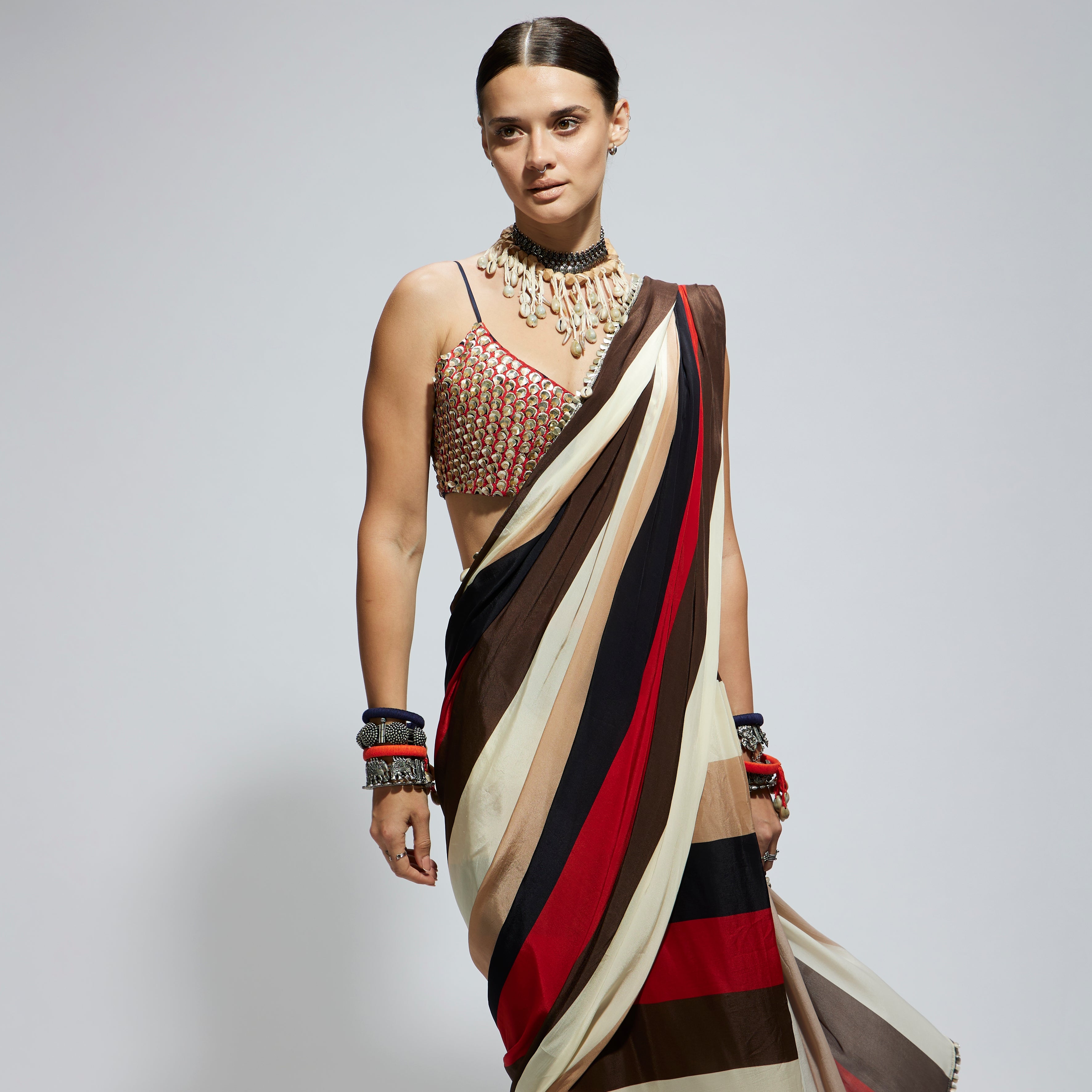 SAMSARA: STRIPE PRINT CASCADE SAREE WITH METALLIC SCALLOP BUSTIER