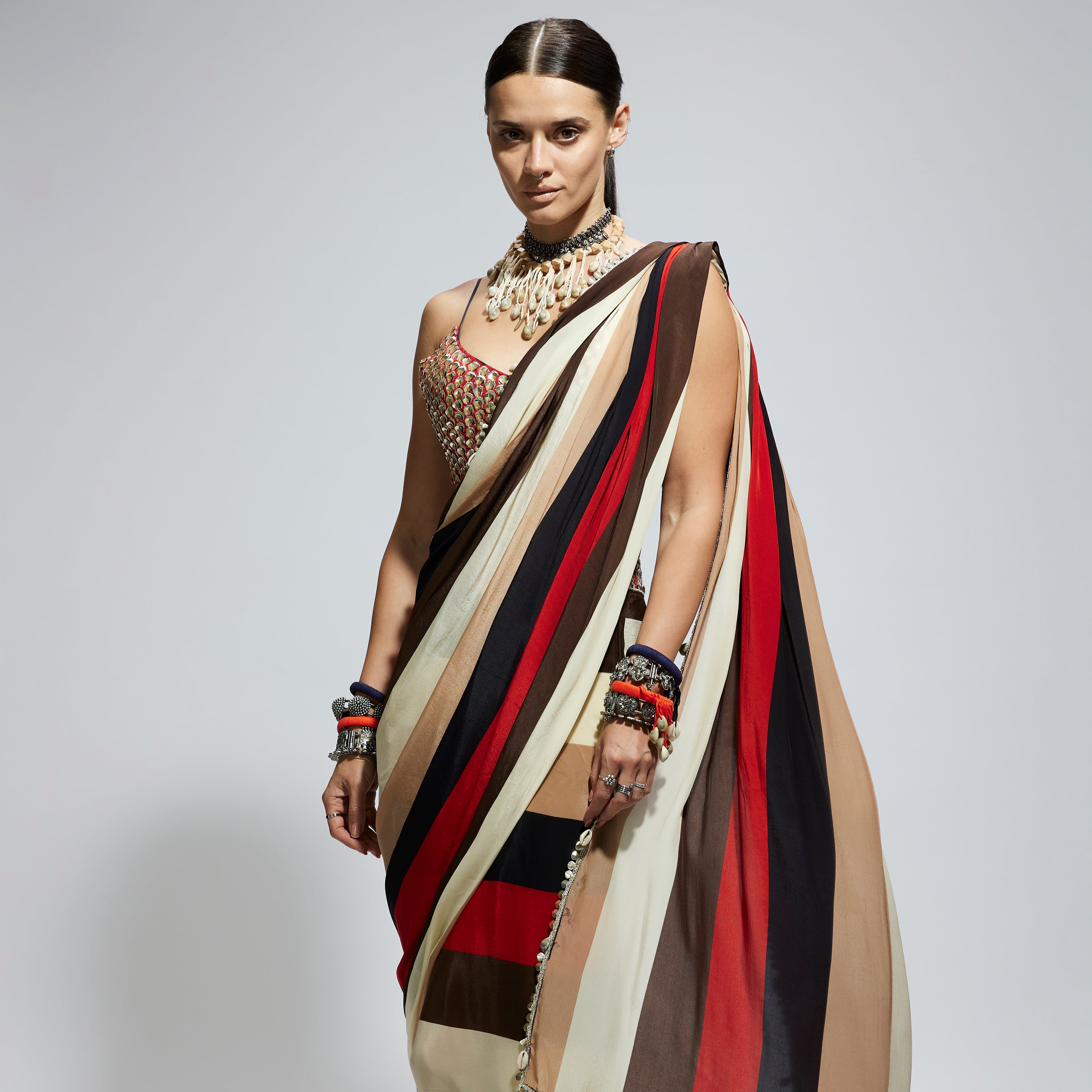 SAMSARA: STRIPE PRINT CASCADE SAREE WITH METALLIC SCALLOP BUSTIER