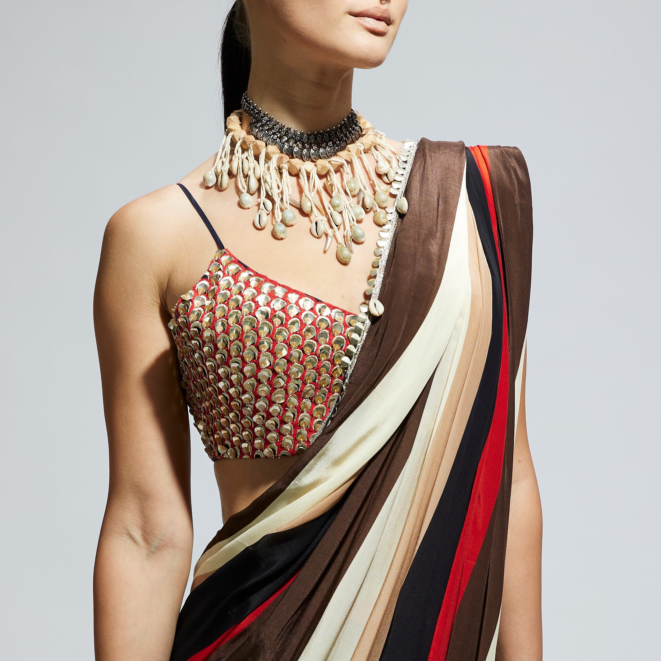 SAMSARA: STRIPE PRINT CASCADE SAREE WITH METALLIC SCALLOP BUSTIER