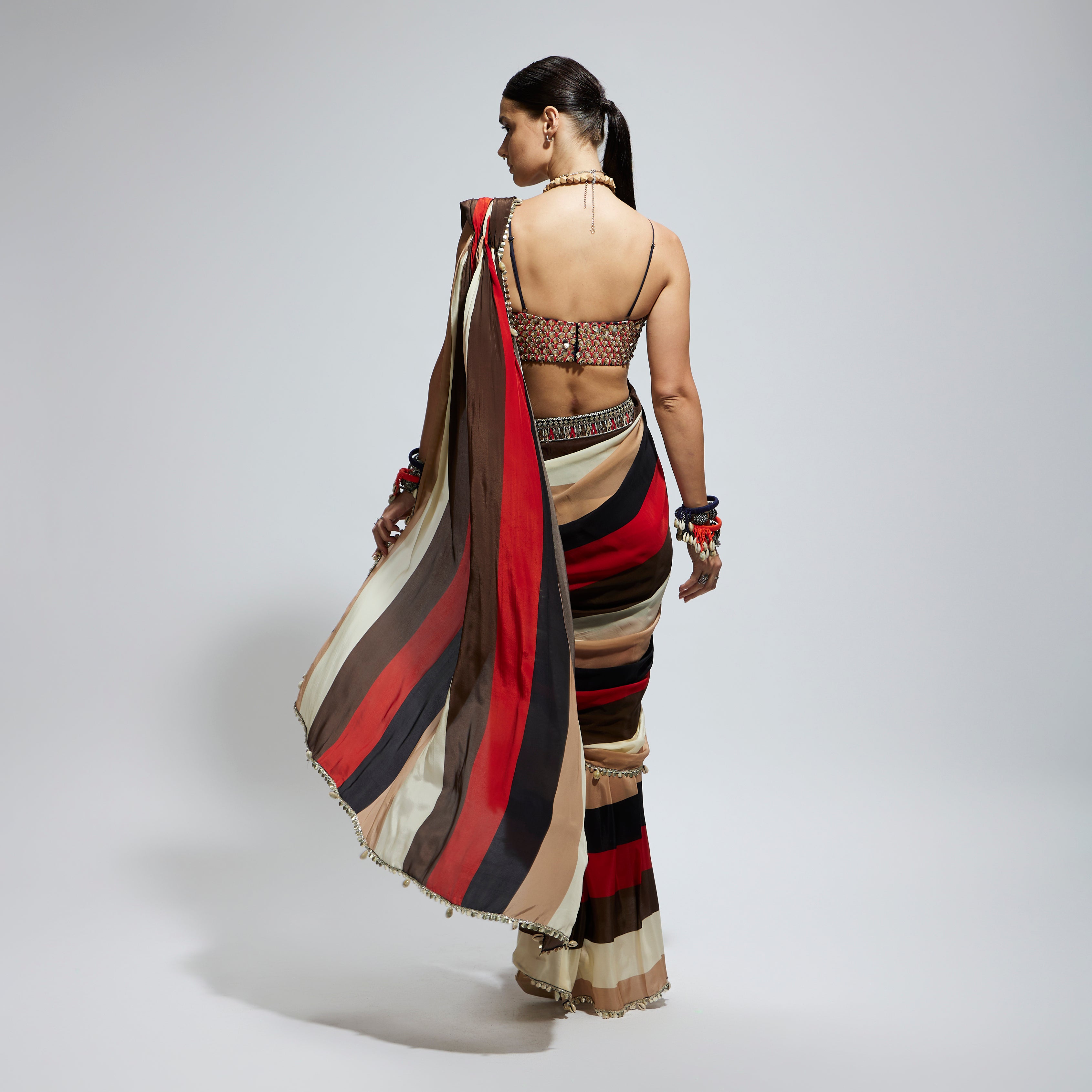 SAMSARA: STRIPE PRINT CASCADE SAREE WITH METALLIC SCALLOP BUSTIER