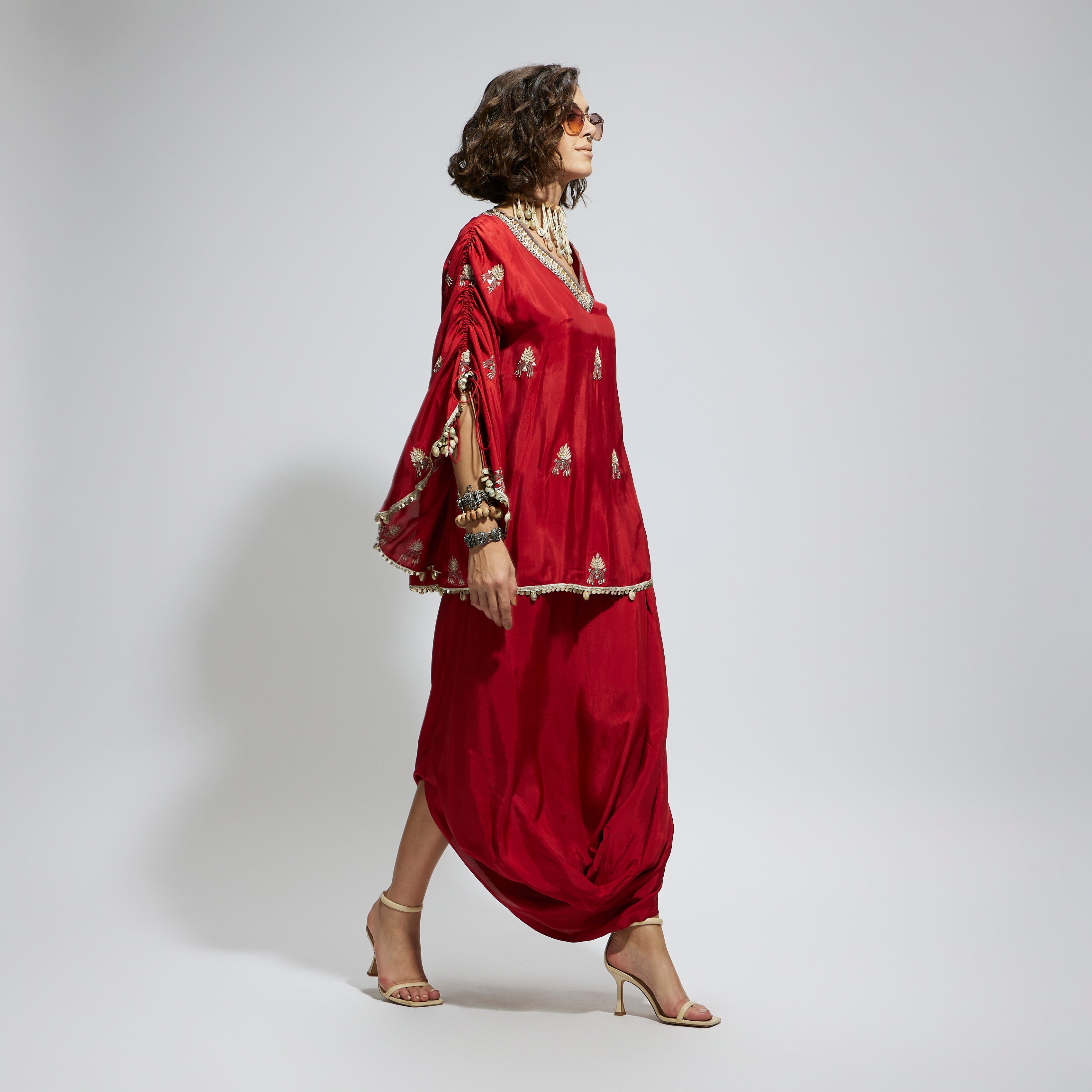 SAMSARA: TERRACOTTA EMBELLISHED CAPE TOP PAIRED WITH TERRACOTTA DRAPE SKIRT