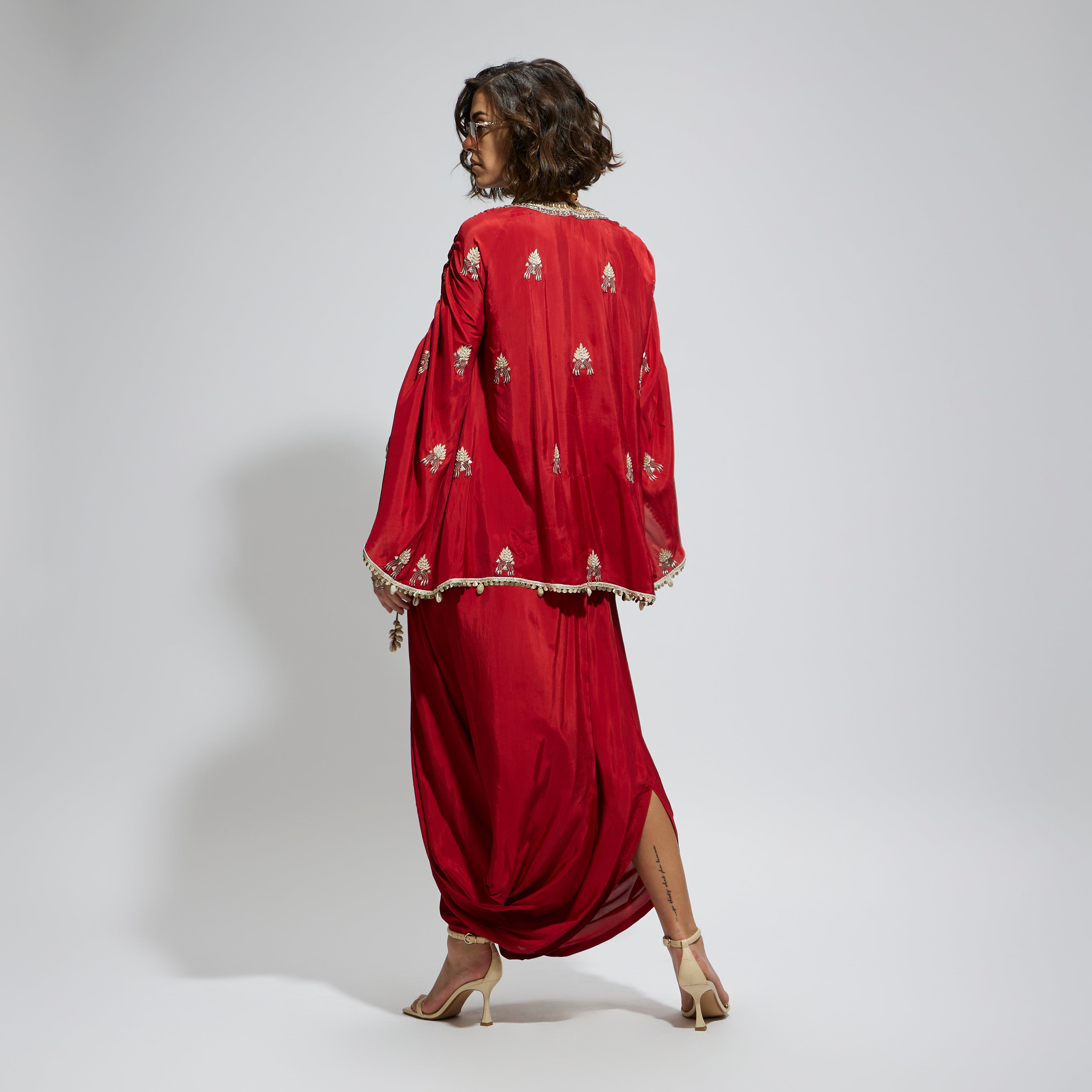 SAMSARA: TERRACOTTA EMBELLISHED CAPE TOP PAIRED WITH TERRACOTTA DRAPE SKIRT