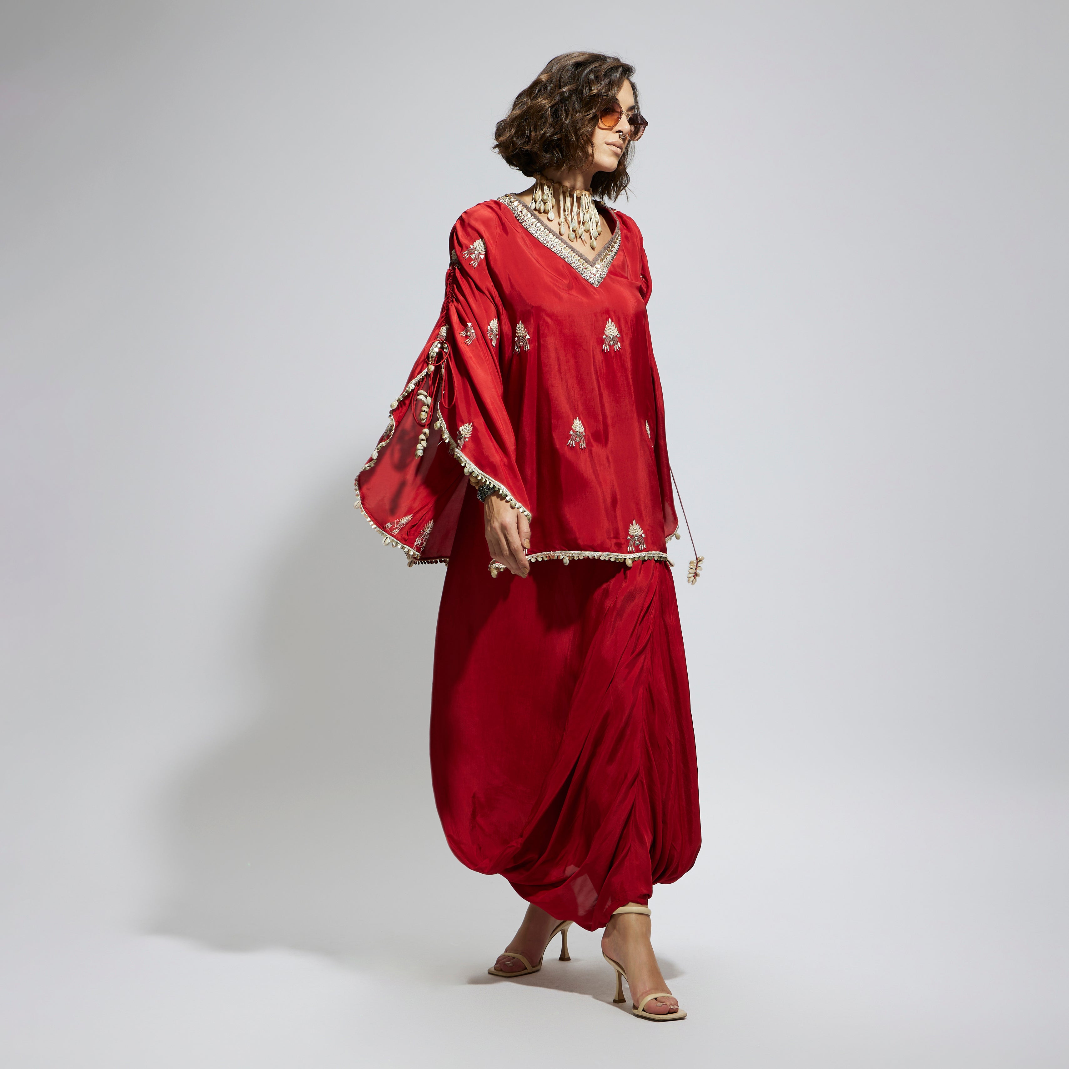 SAMSARA: TERRACOTTA EMBELLISHED CAPE TOP PAIRED WITH TERRACOTTA DRAPE SKIRT