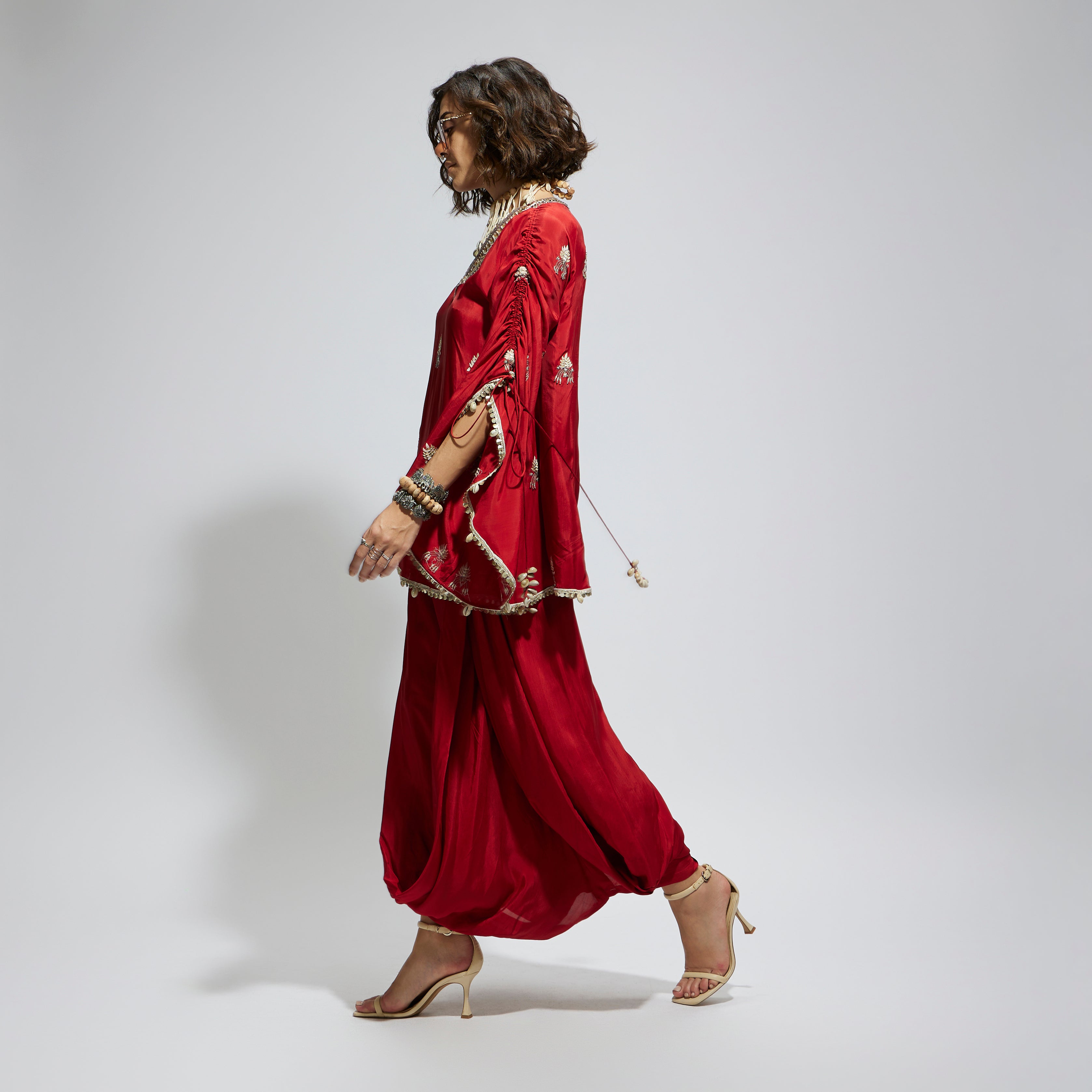 SAMSARA: TERRACOTTA EMBELLISHED CAPE TOP PAIRED WITH TERRACOTTA DRAPE SKIRT