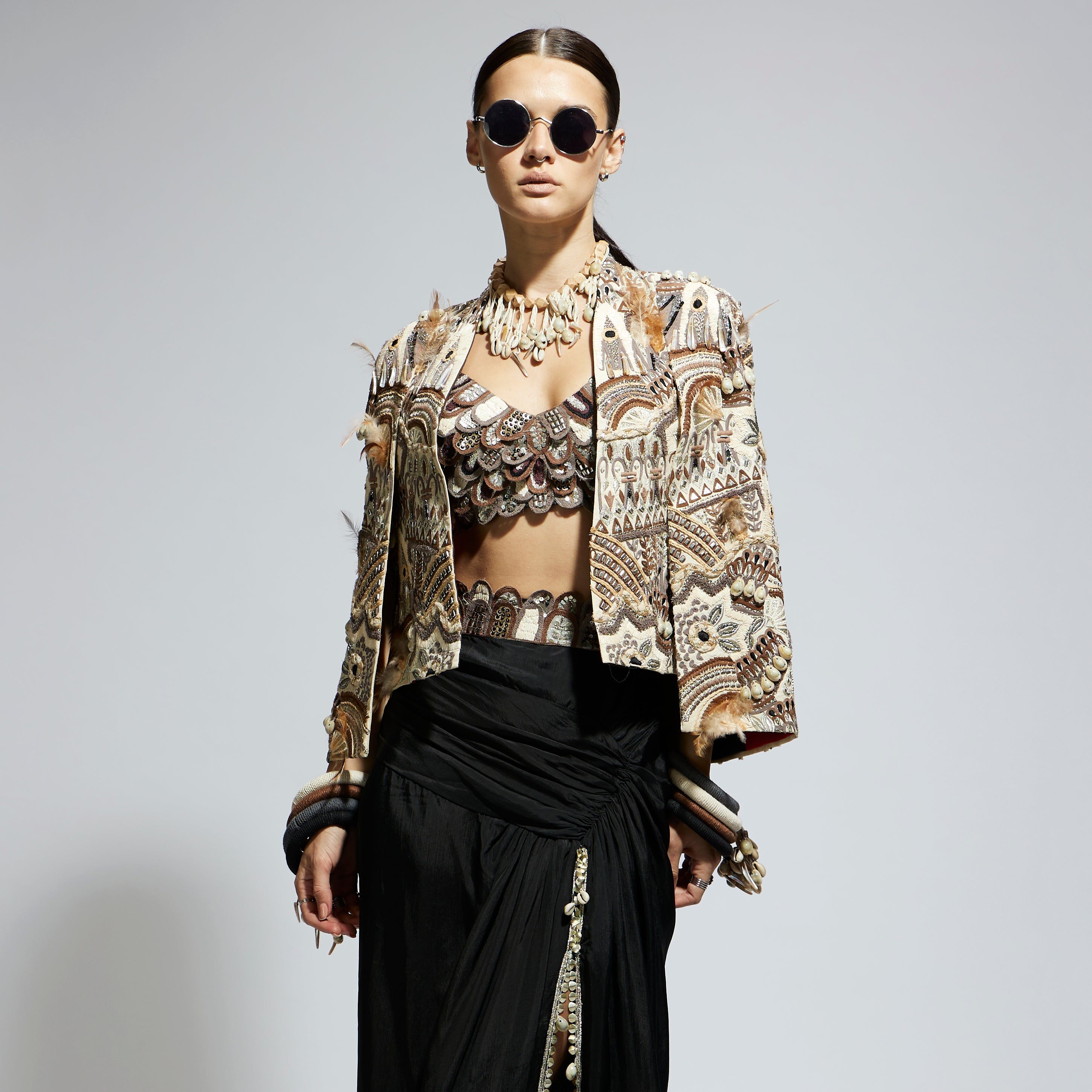 IVORY ABSTRACT FEATHER CAPE JACKET
