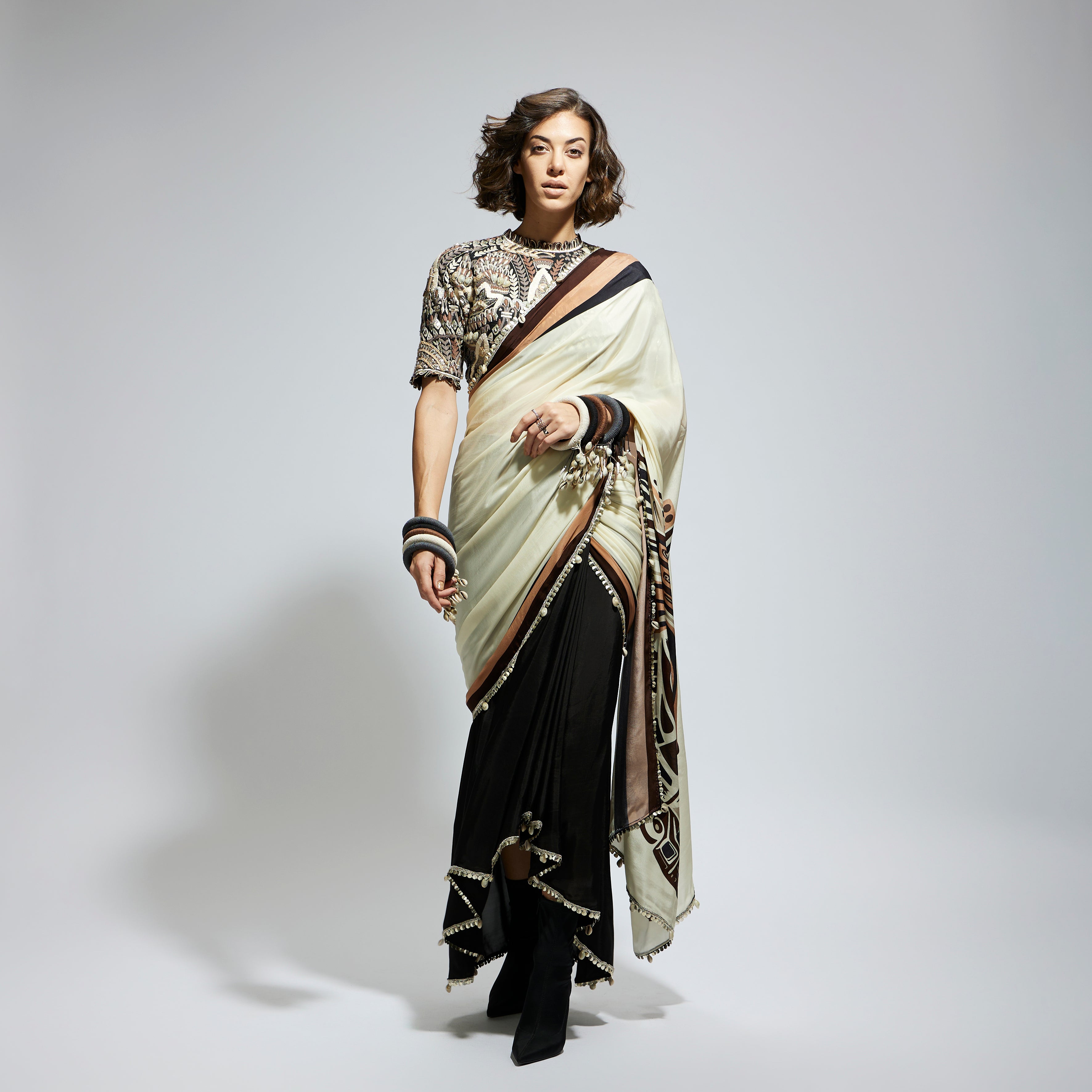 COLOR BLOCK MASK PRINT CASCADE SARI PAIRED WITH BLACK ABSTRACT EMBELLISHED BLOUSE